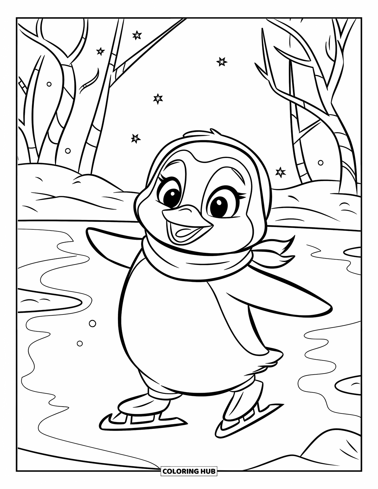 Happy Coloring Page for Kids: A joyful penguin skates across a frozen pond under a sky full of stars