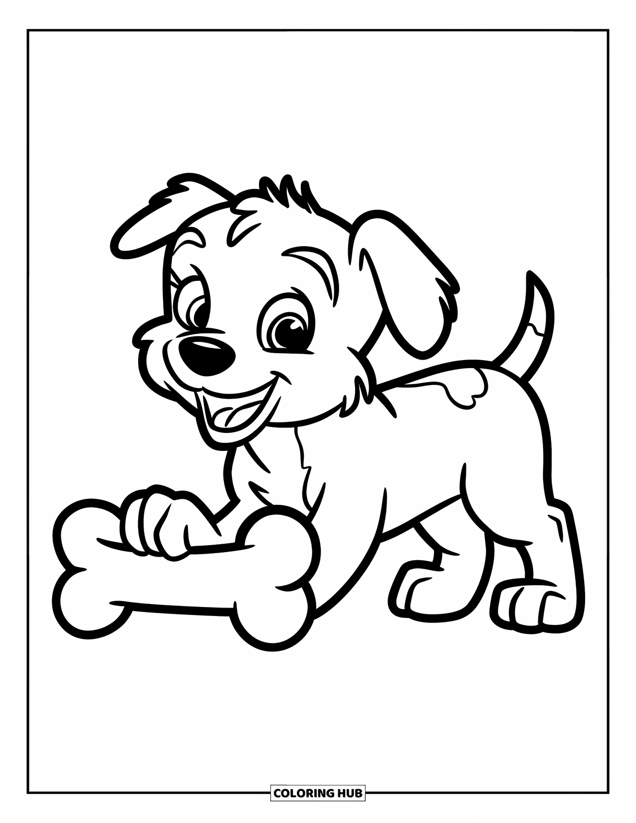 Happy Coloring Page for Kids: A playful puppy wags its tail near a bone with a joyful expression