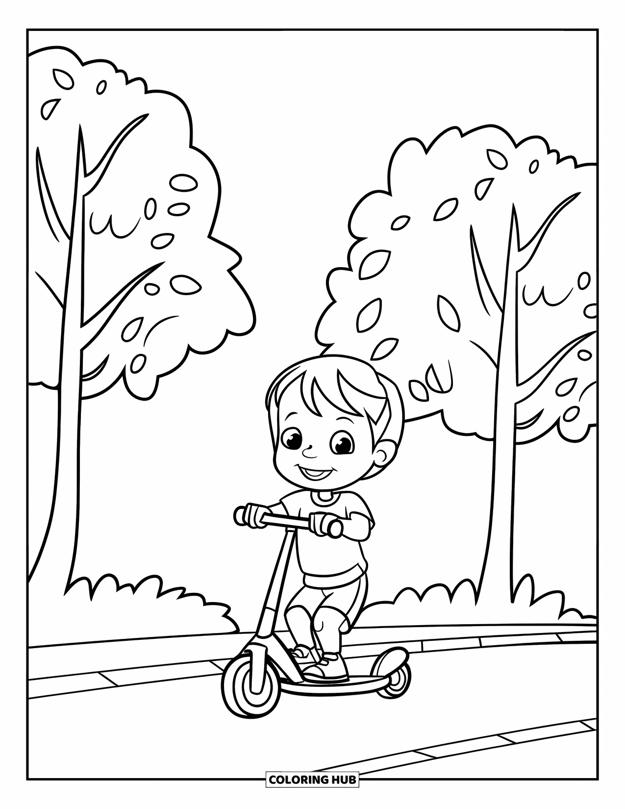 Happy Coloring Page for Kids: A smiling child rides a scooter past leafy trees along a paved path