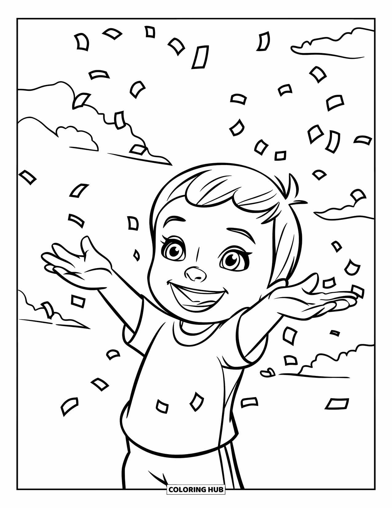 Happy Coloring Page for Kids: A smiling child throws confetti into the sky with clouds floating above