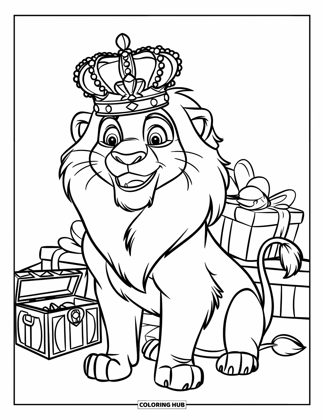 Happy Coloring Page for Kids: A smiling lion with a crown sits proudly among gifts and royal treasures