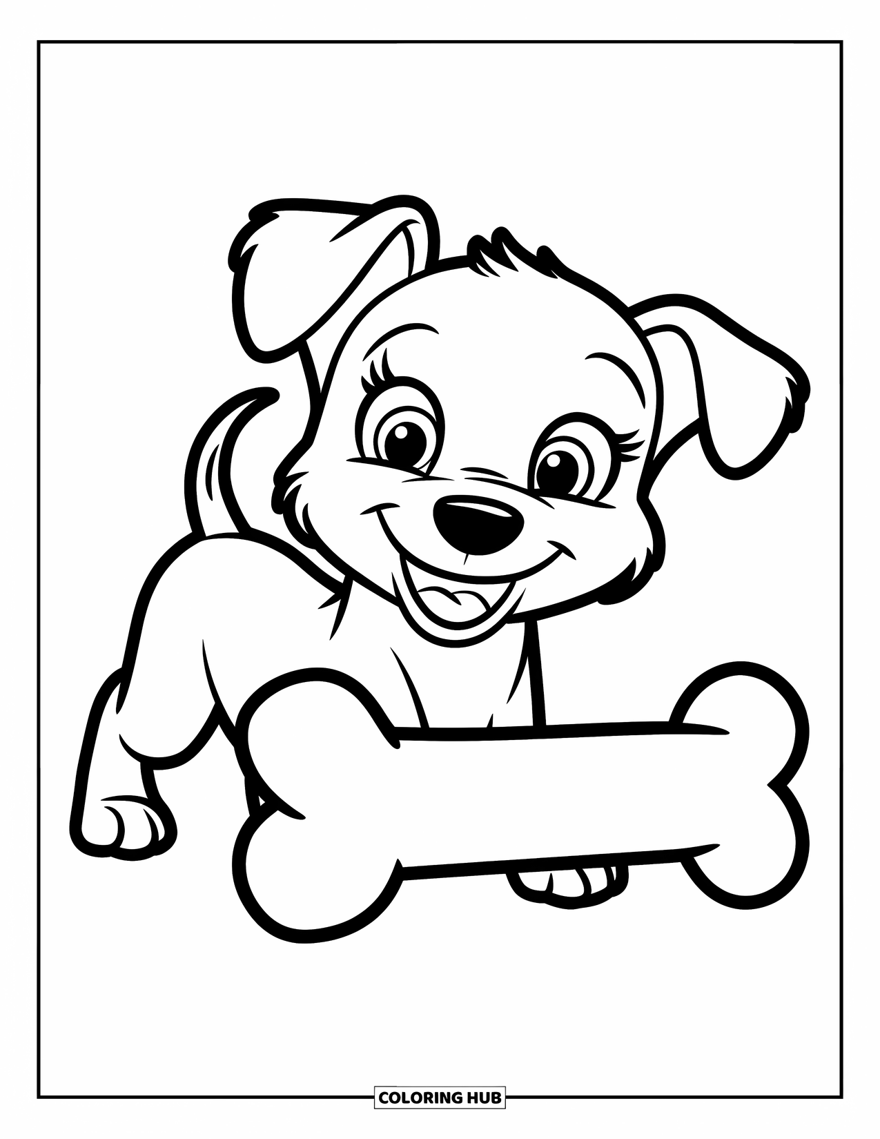 Happy Coloring Page for Kids: A smiling puppy stands beside a big bone with a cheerful look