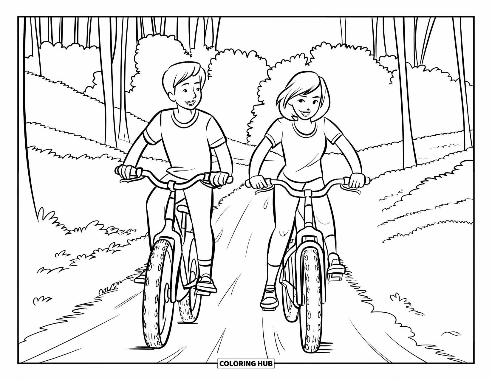 Happy Coloring Page for Kids: A teen boy and girl ride bikes through a leafy forest path with big smiles