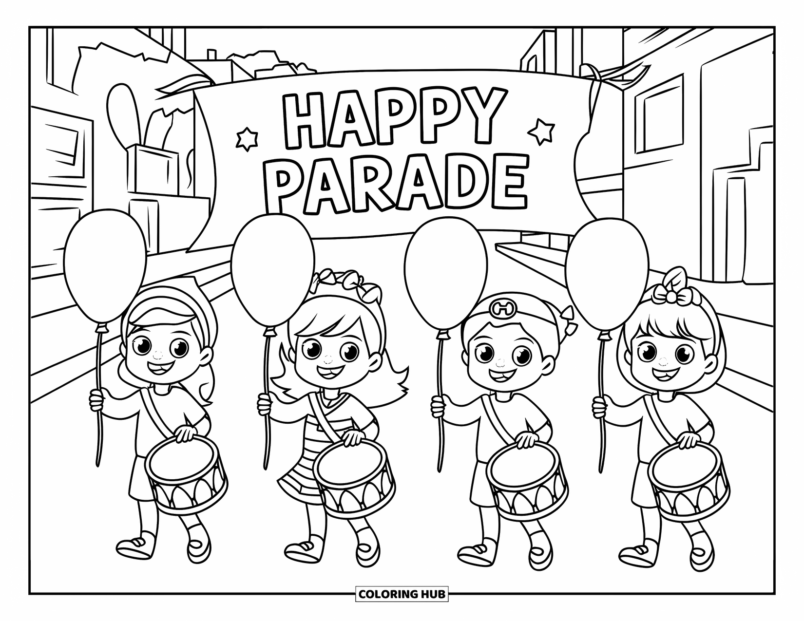 Happy Coloring Page for Kids: Four kids march with balloons and drums under a banner that says "Happy Parade"