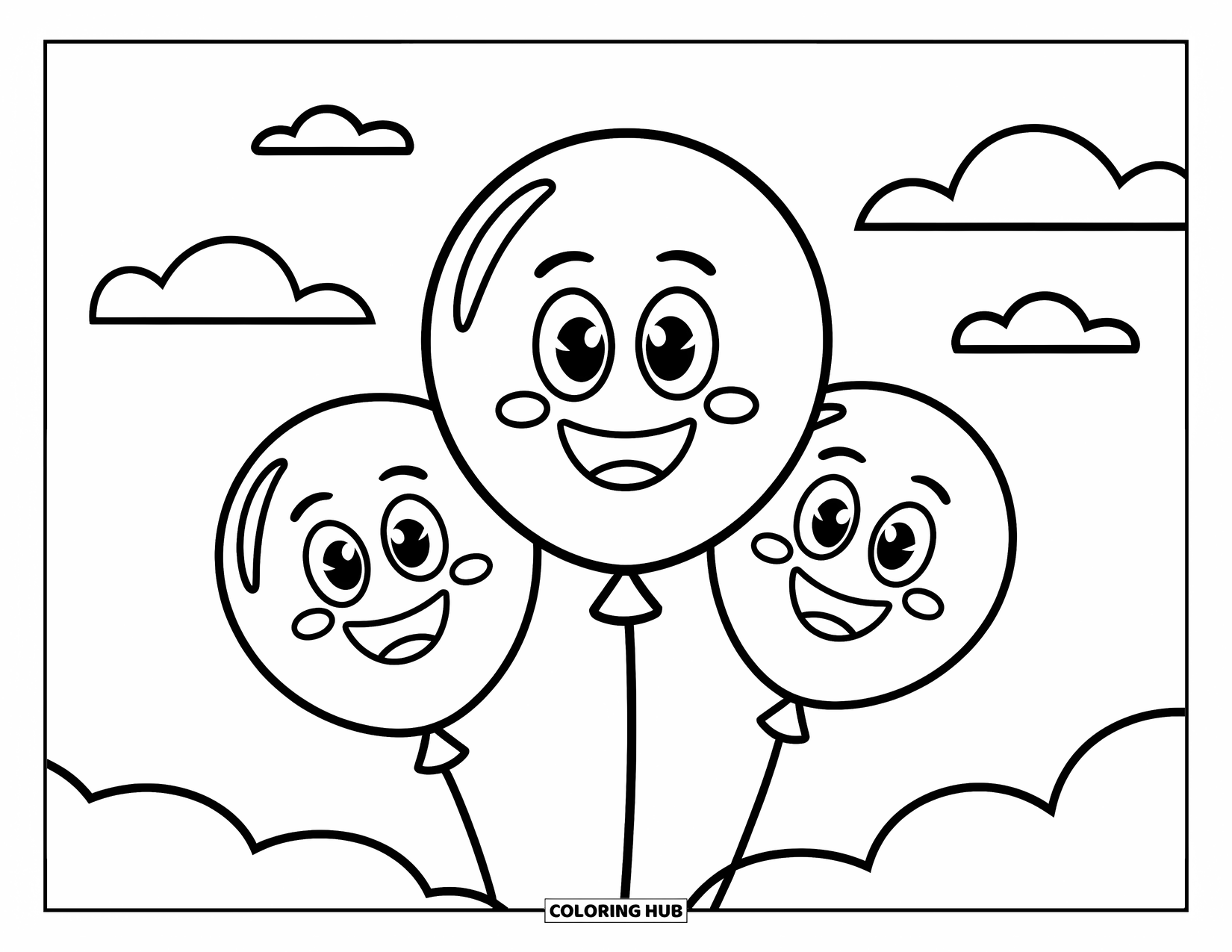 Happy Coloring Page for Kids: Happy balloons with friendly faces drift through a sky filled with soft clouds