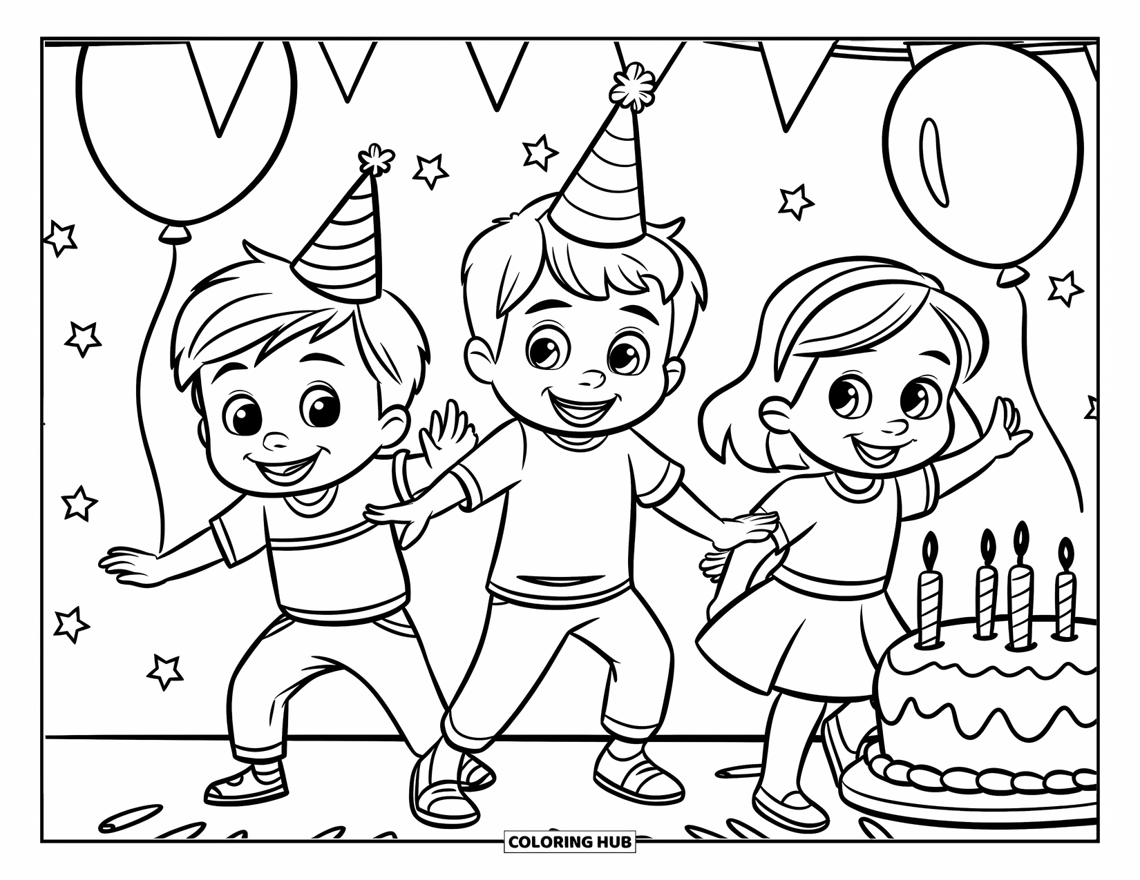 Happy Coloring Page for Kids: Happy kids dance near a cake and balloons at a fun birthday party