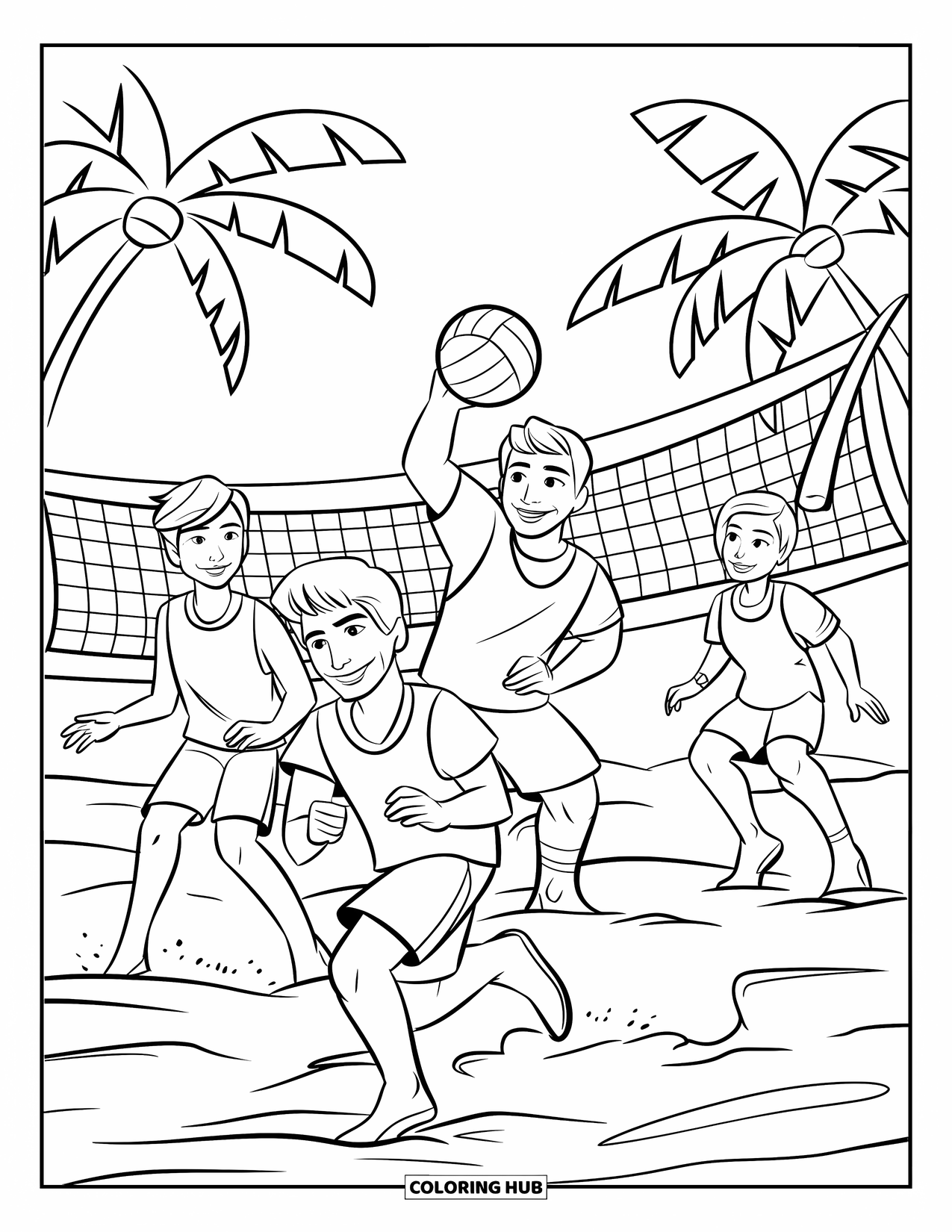 Happy Coloring Page for Kids: Teens in sporty clothes play volleyball by the beach under a breezy sky