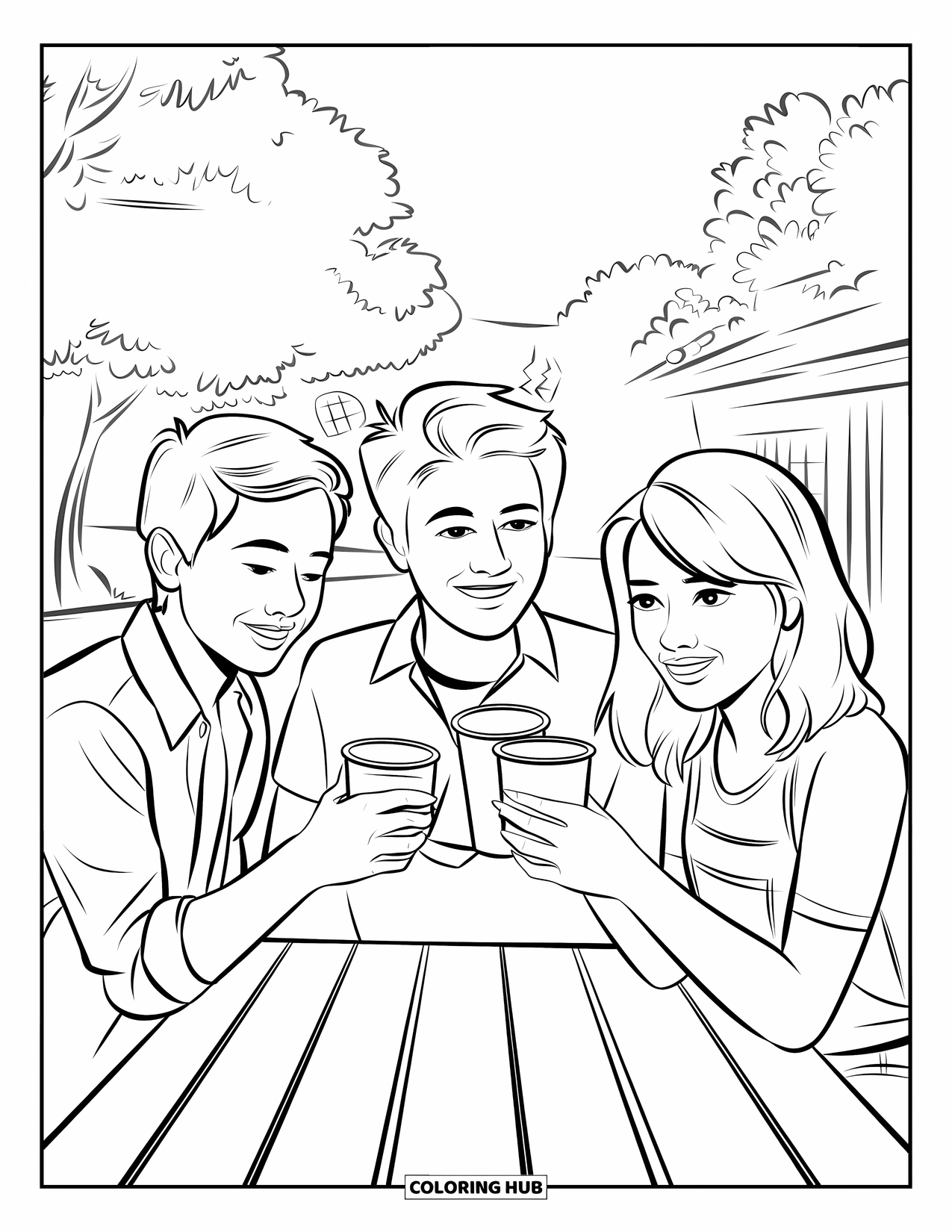 Happy Coloring Page for Kids: Three friends clink cups at a picnic table surrounded by trees and a nearby building