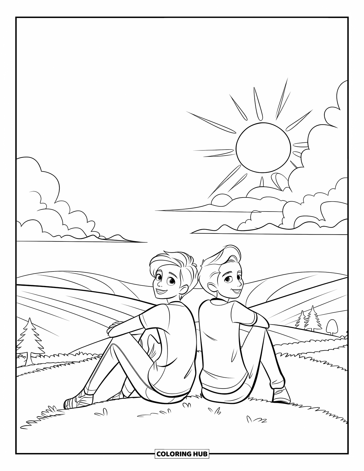 Happy Coloring Page for Kids: Two teens sit on a grassy hill watching the bright sky with fluffy clouds
