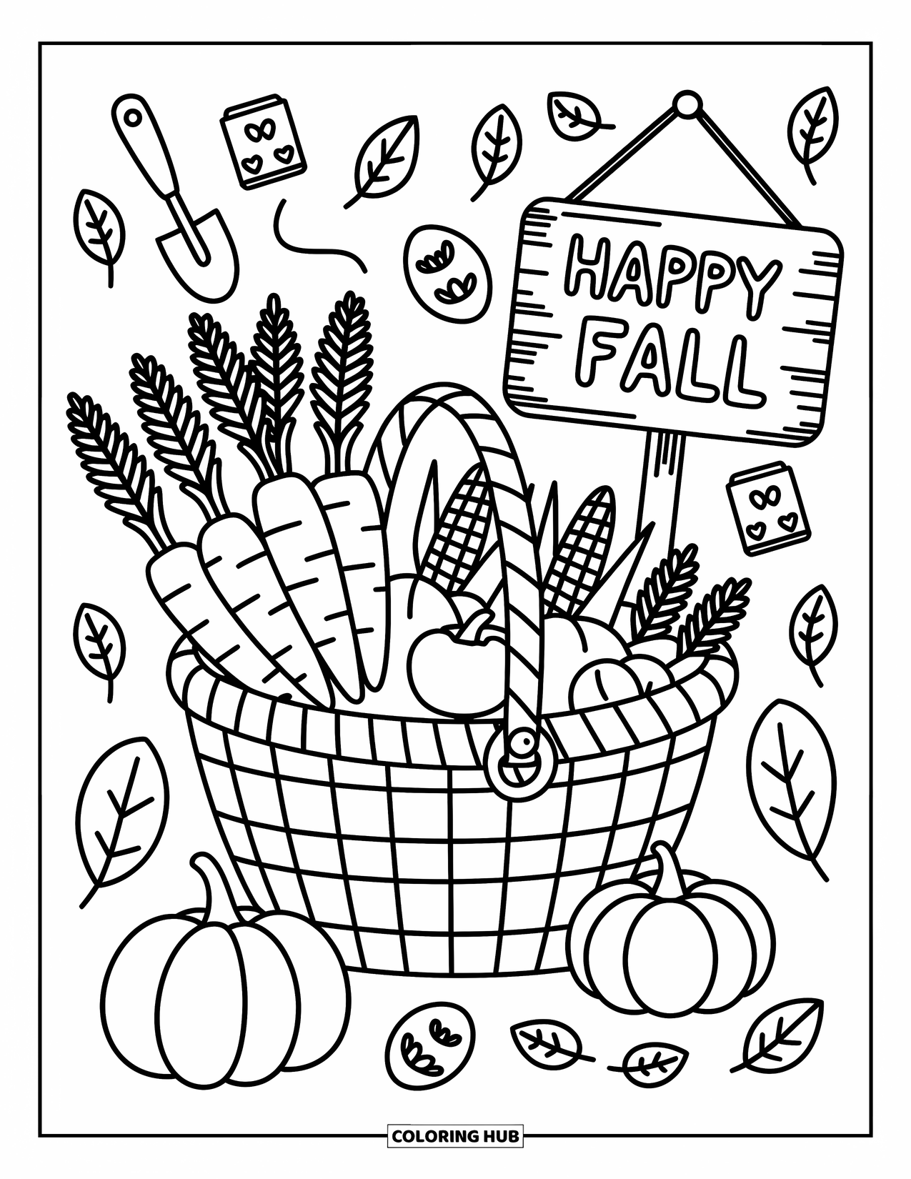 Happy Fall Coloring Page for Adults: A basket overflows with fall veggies beside a garden sign that says "Happy Fall"