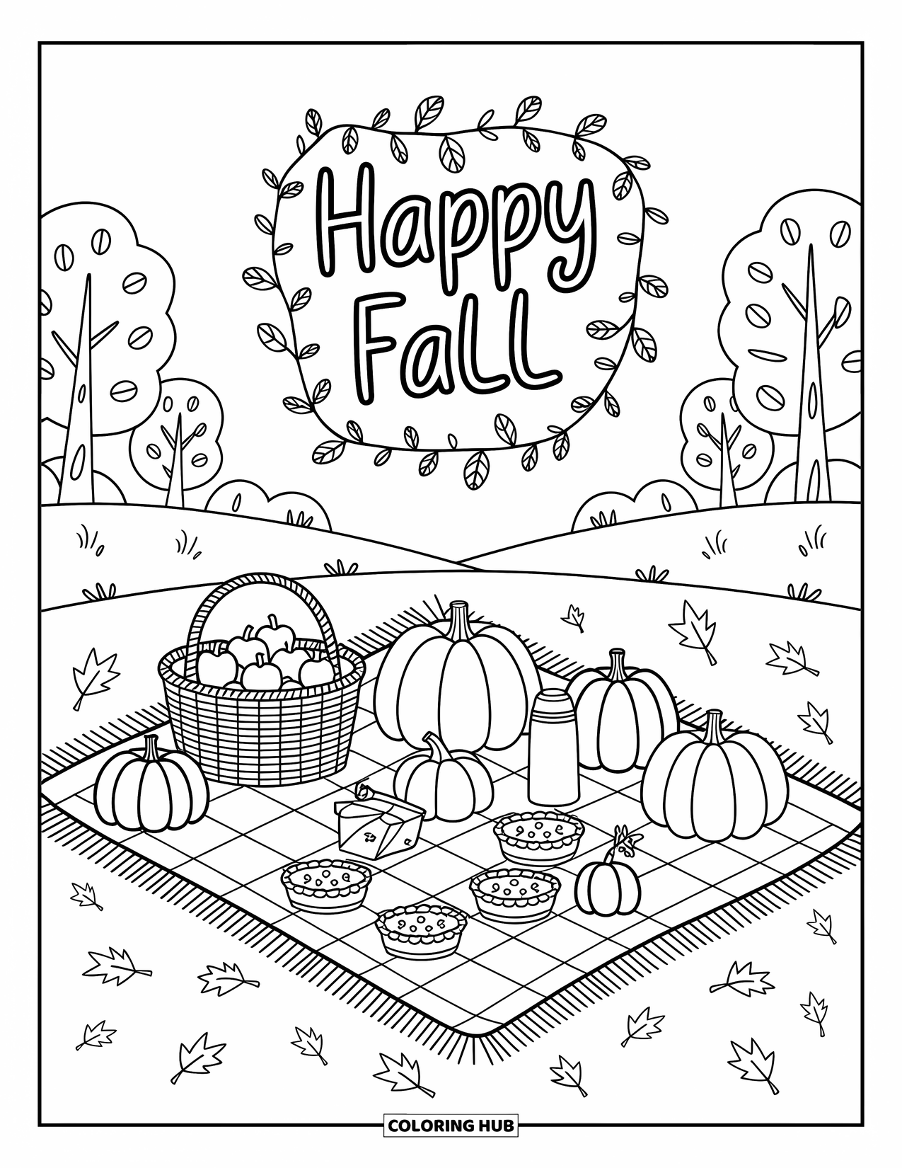 Happy Fall Coloring Page for Adults: A cozy fall picnic features apples, pie, and pumpkins with curling "Happy Fall" vines