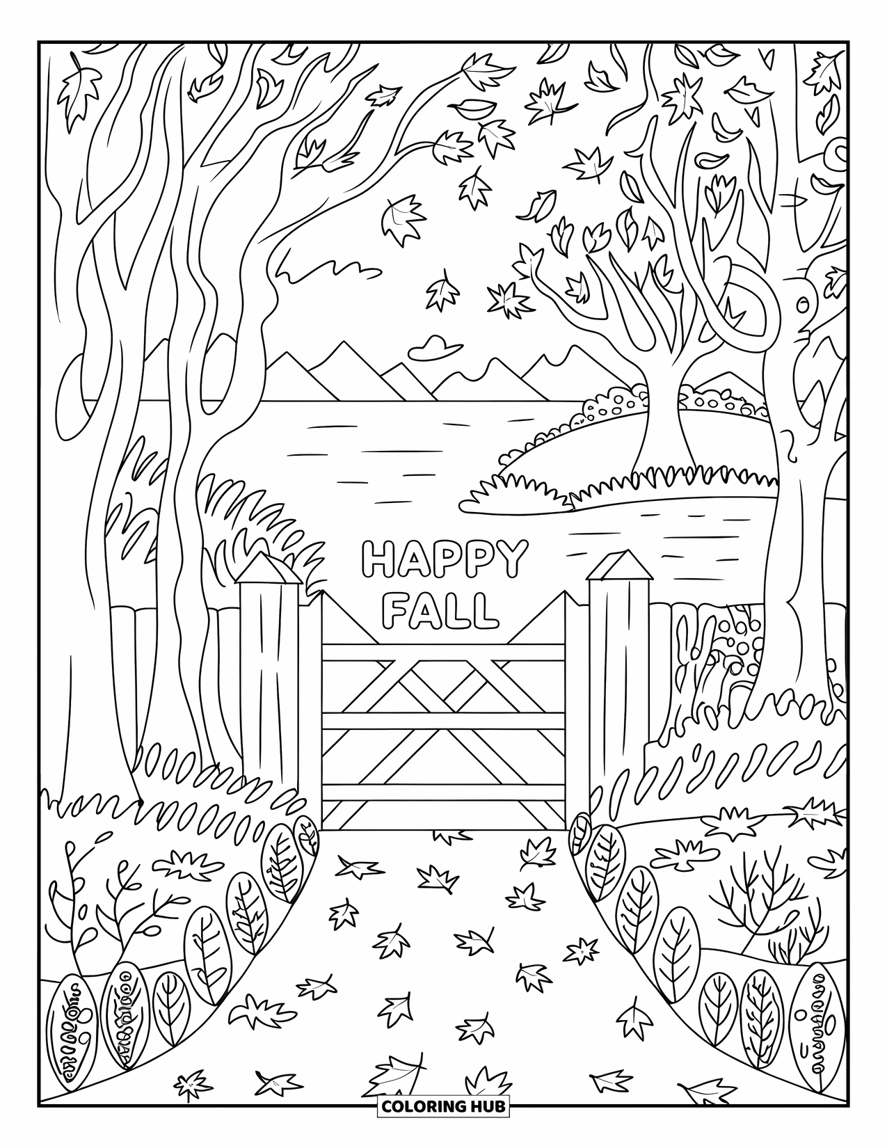 Happy Fall Coloring Page for Adults: A cozy forest trail ends at a wooden gate with "Happy Fall" written on it