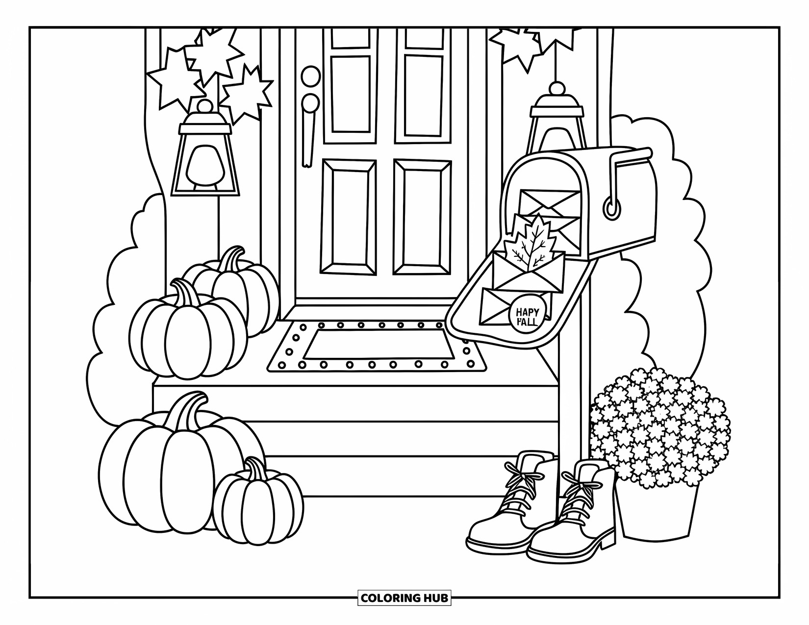 Happy Fall Coloring Page for Adults: A cozy porch with stacked pumpkins, boots, and fall mail spilling from the mailbox