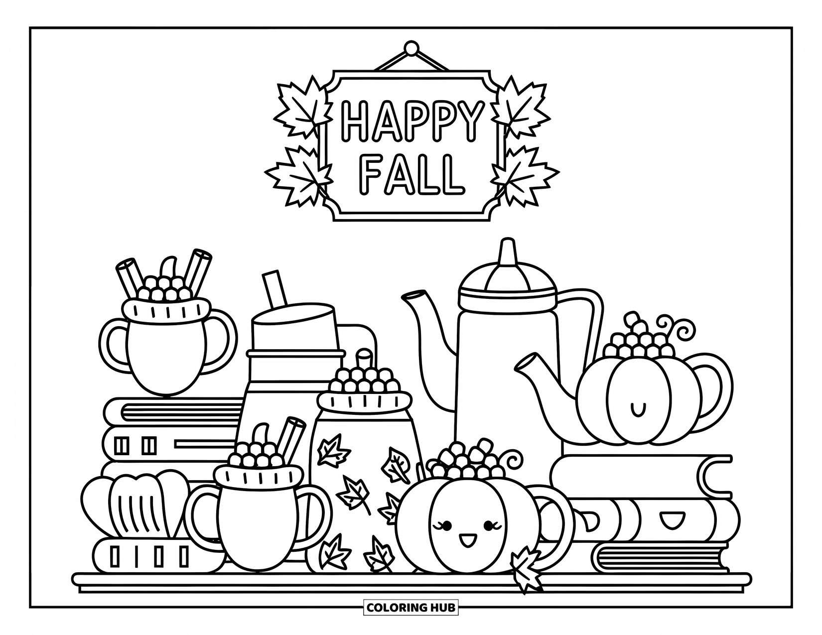 Happy Fall Coloring Page for Adults: A cozy shelf displays fall-themed drinkware, books, and a playful "Happy Fall" sign