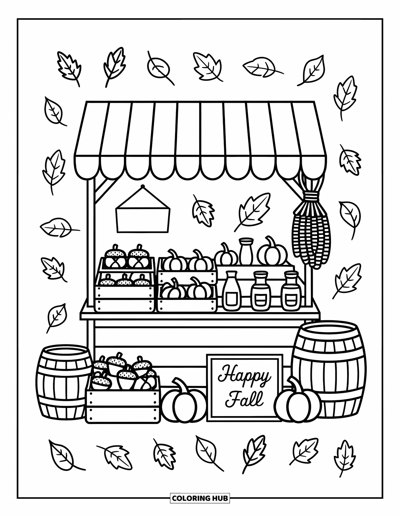 Happy Fall Coloring Page for Adults: A cute market stall overflows with pumpkins, jars, and a chalkboard saying "Happy Fall"