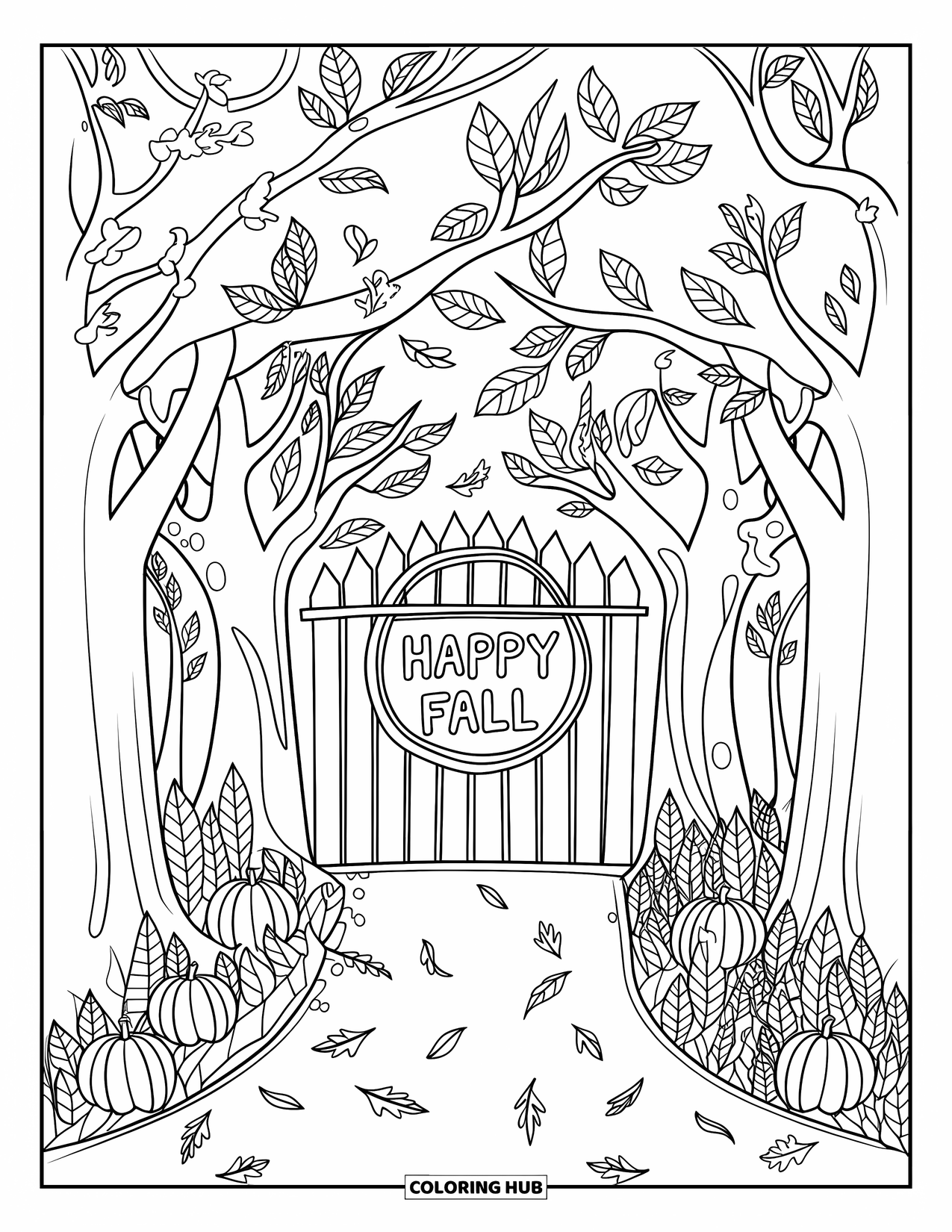 Happy Fall Coloring Page for Adults: A gate with "Happy Fall" arches over a leaf-covered woodland path