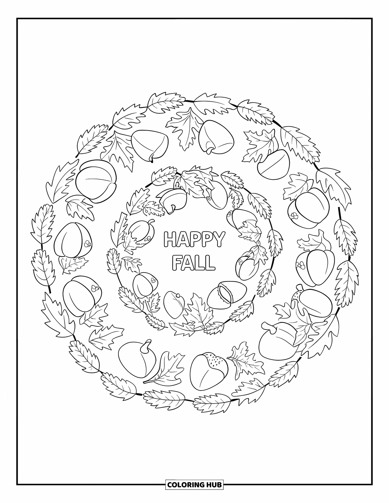 Happy Fall Coloring Page for Adults: A leaf and acorn spiral surrounds a cozy "Happy Fall" greeting