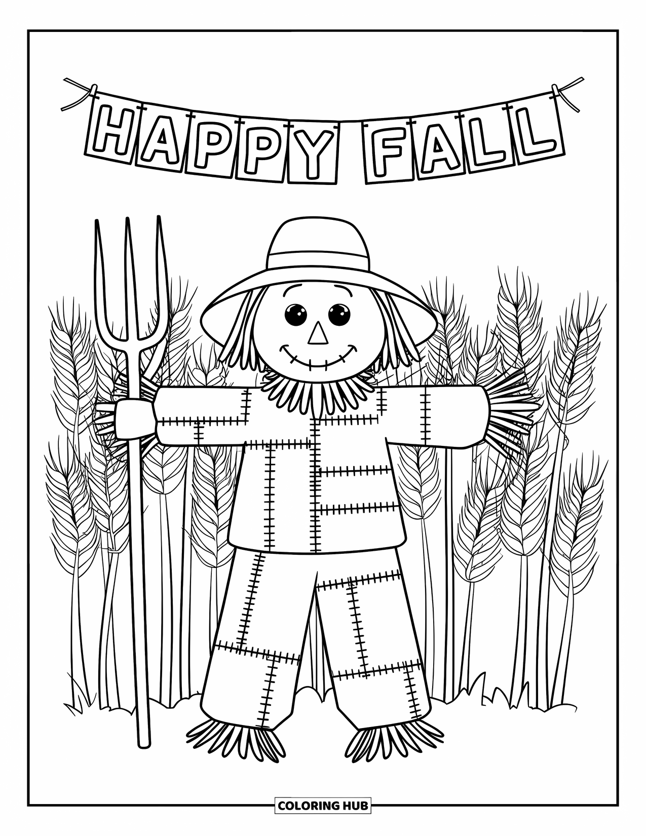 Happy Fall Coloring Page for Adults: A patchwork scarecrow stands in a harvest field under a "Happy Fall" banner
