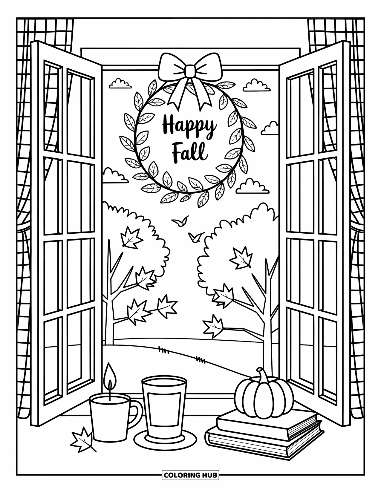 Happy Fall Coloring Page for Adults: A peaceful window shows autumn trees and birds with a cute "Happy Fall" wreath above