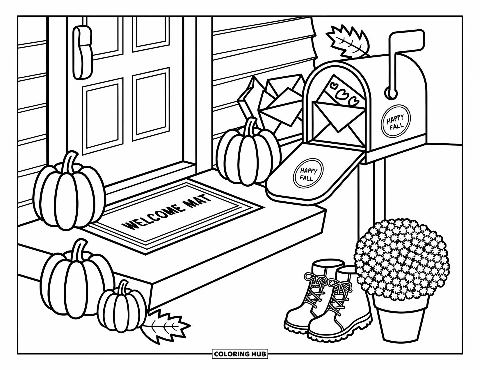 Happy Fall Coloring Page for Adults: A porch scene with stacked pumpkins, cozy boots, and a mailbox full of fall letters