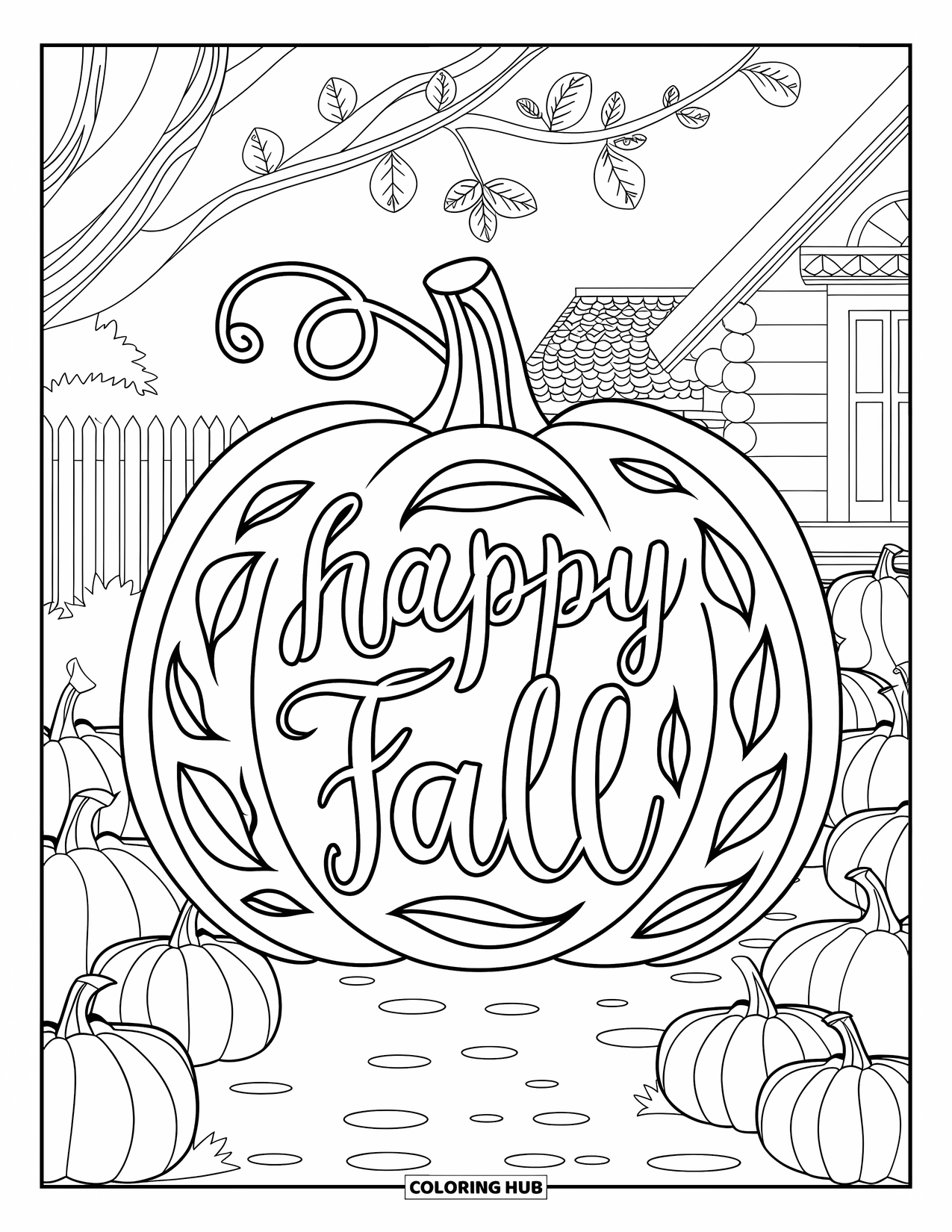 Happy Fall Coloring Page for Adults: A pumpkin mandala and leafy curls frame a warm "Happy Fall" greeting