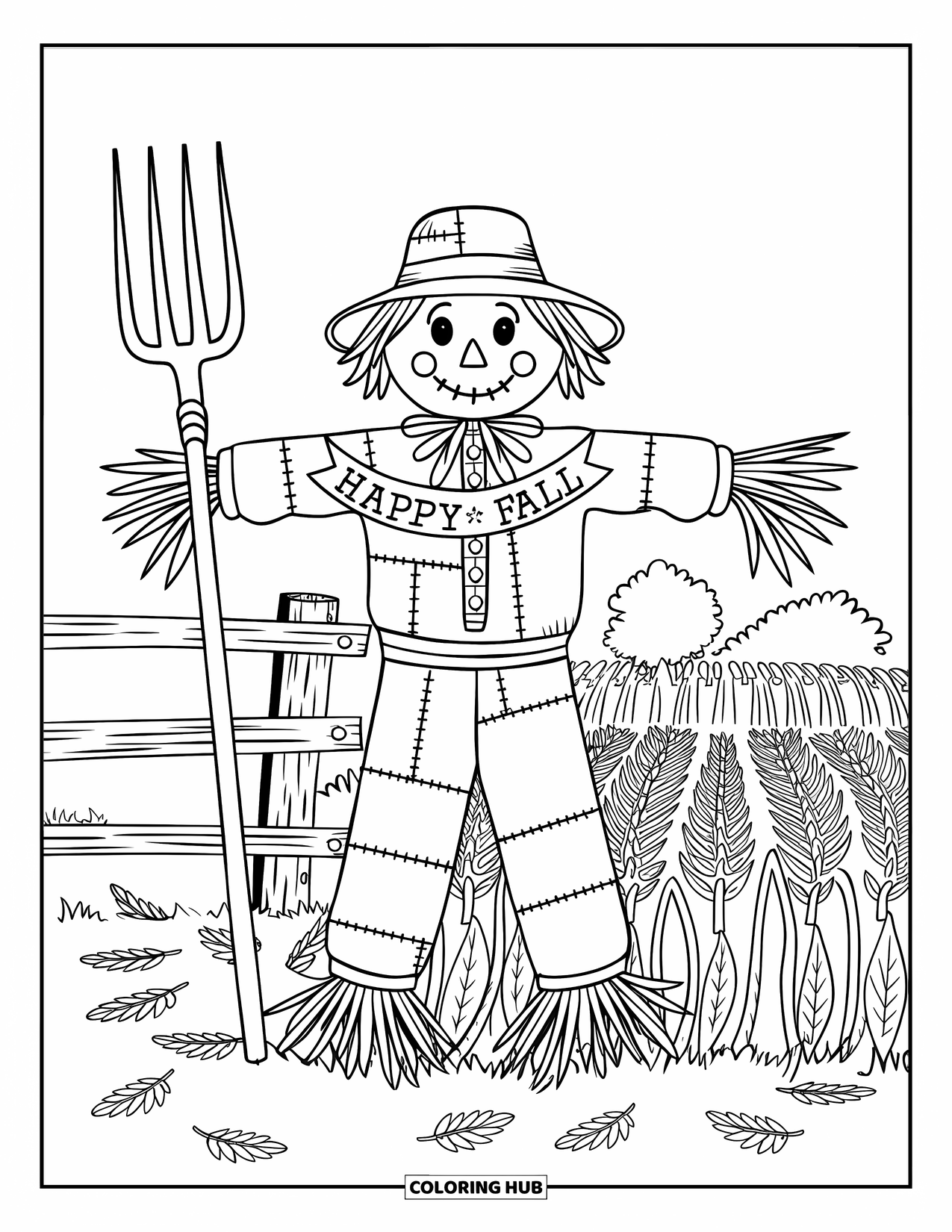 Happy Fall Coloring Page for Adults: A rustic scarecrow in patchwork clothes holds a pitchfork near a "Happy Fall" ribbon