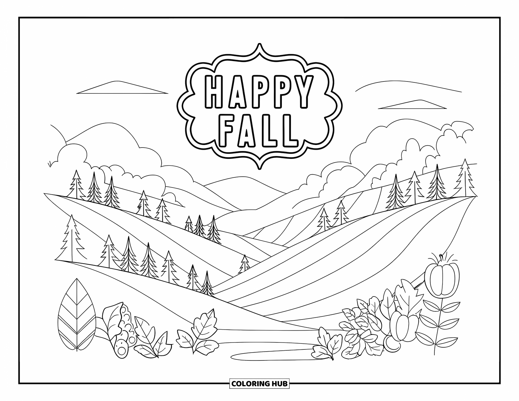 Happy Fall Coloring Page for Adults: A scenic overlook shows fall hills and forests with a framed "Happy Fall" message