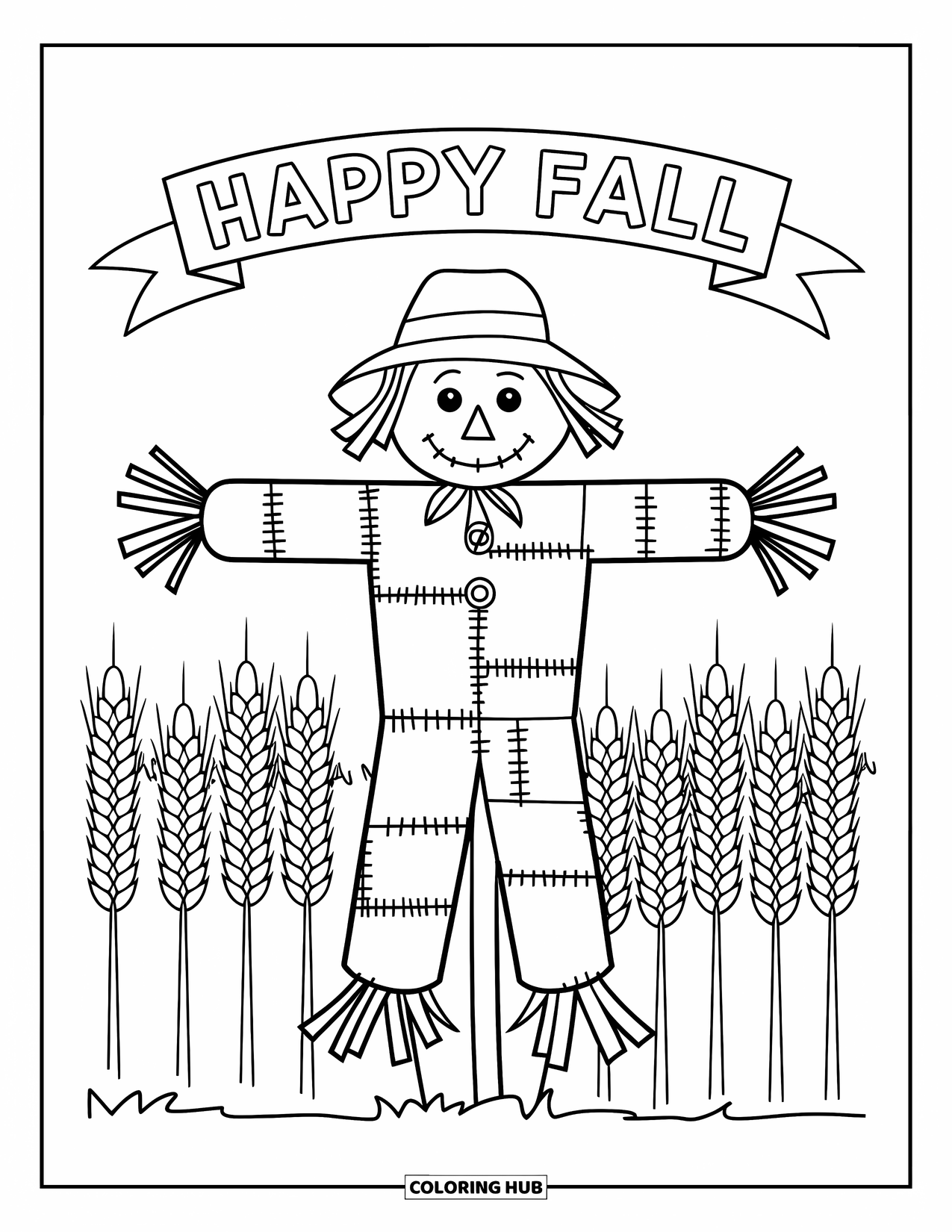 Happy Fall Coloring Page for Adults: A smiling scarecrow stands tall with a pitchfork and a "Happy Fall" sign