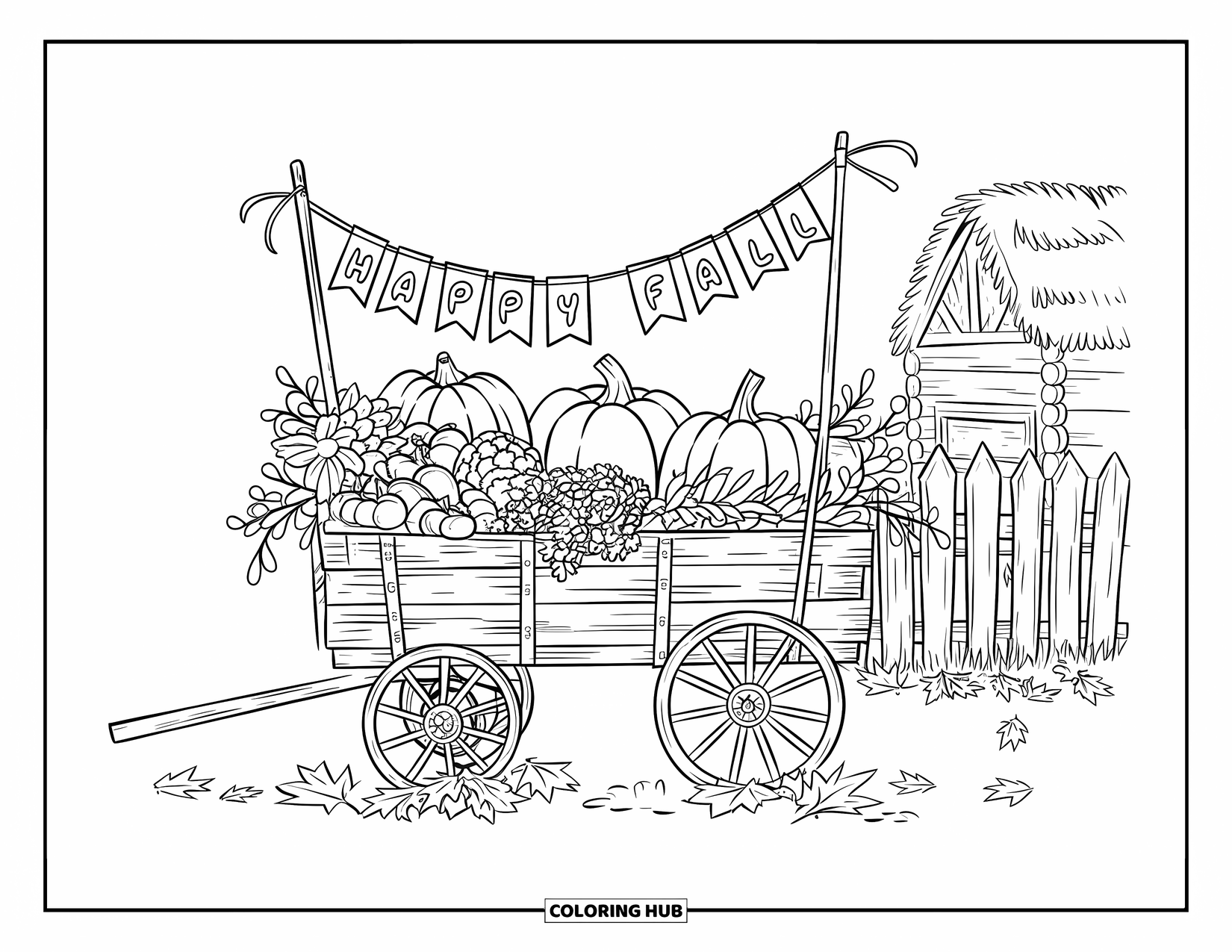 Happy Fall Coloring Page for Adults: A wagon brimming with fall goodies sits near a fence and a quaint building