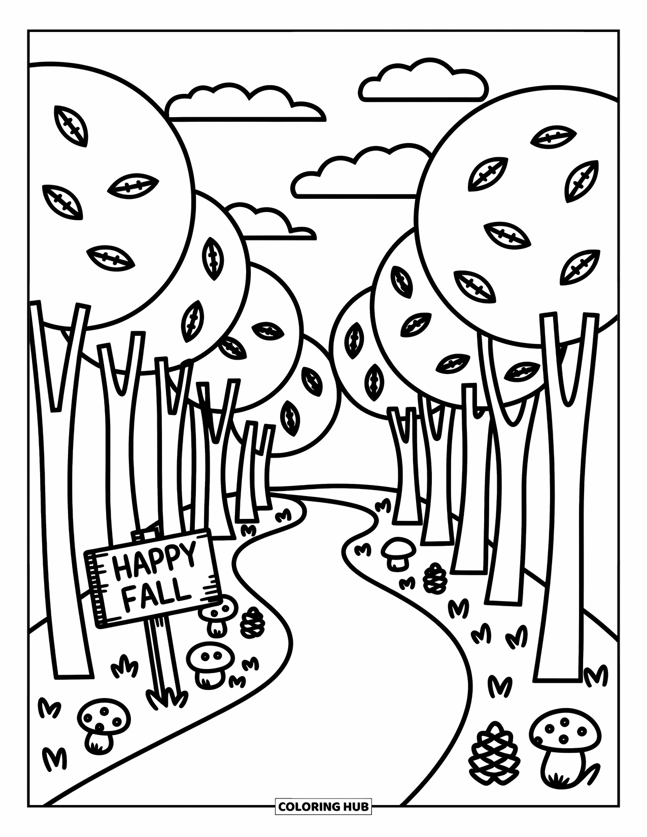 Happy Fall Coloring Page for Adults: A winding forest path features pinecones, mushrooms, and a carved "Happy Fall" sign