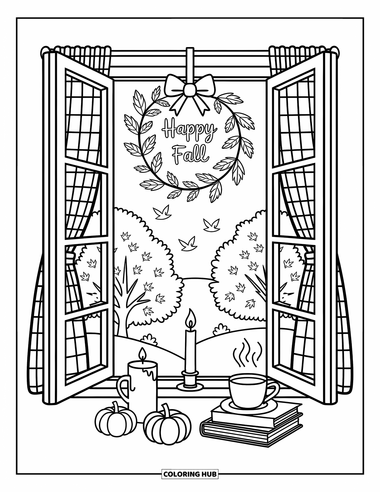 Happy Fall Coloring Page for Adults: An open window view with a candle, warm drink, books, and a hanging "Happy Fall" wreath