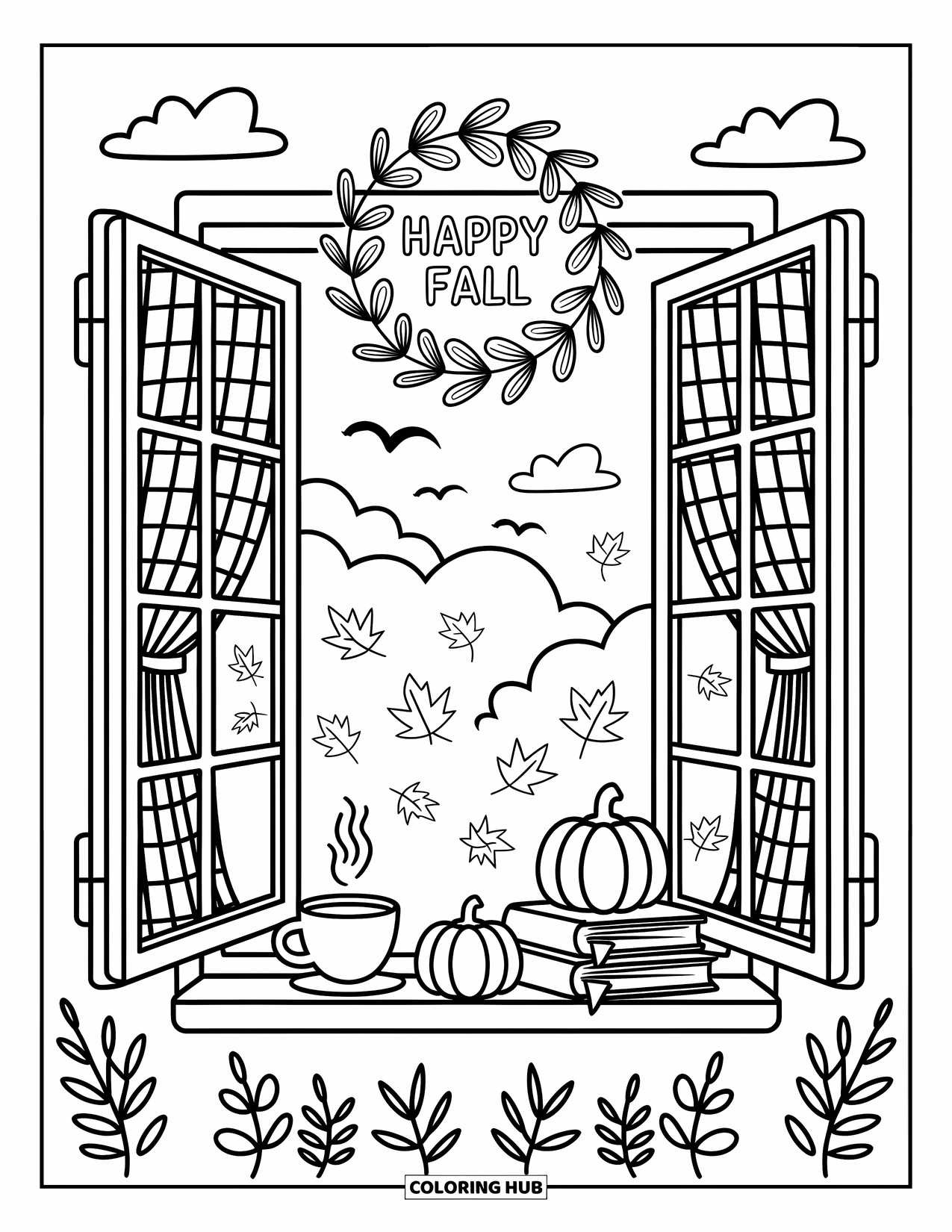 Happy Fall Coloring Page for Adults: Books and pumpkins sit on a windowsill below a playful "Happy Fall" wreath
