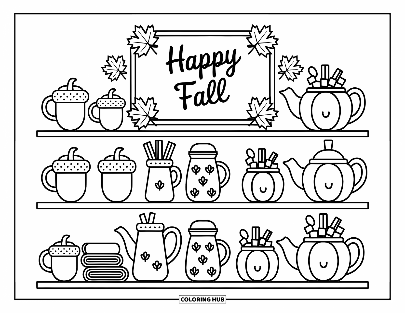 Happy Fall Coloring Page for Adults: Fall mugs and teapots sit on a shelf with whipped cream and cozy leaf designs
