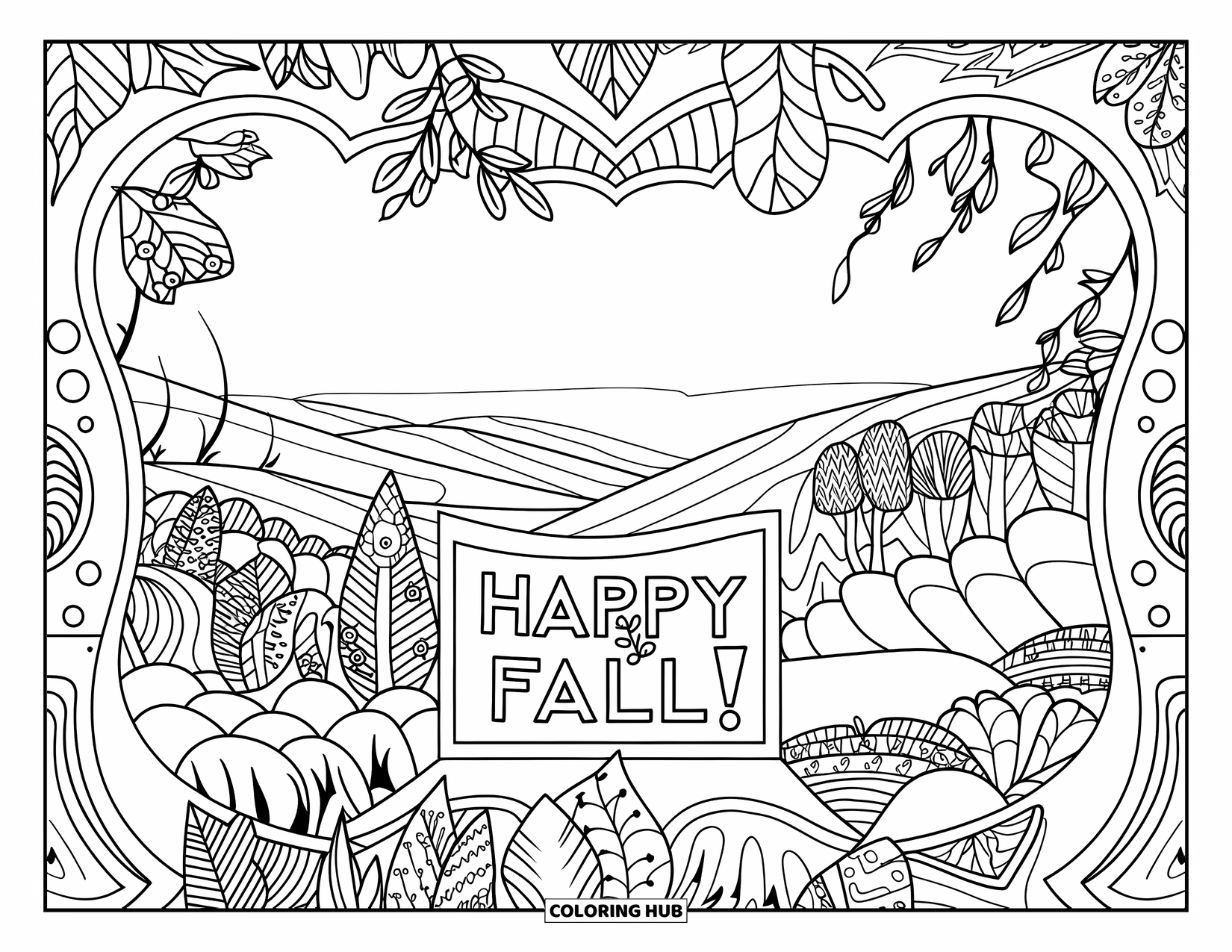 Happy Fall Coloring Page for Adults: Intricate leaves and trees frame a distant view of hills with "Happy Fall" in center