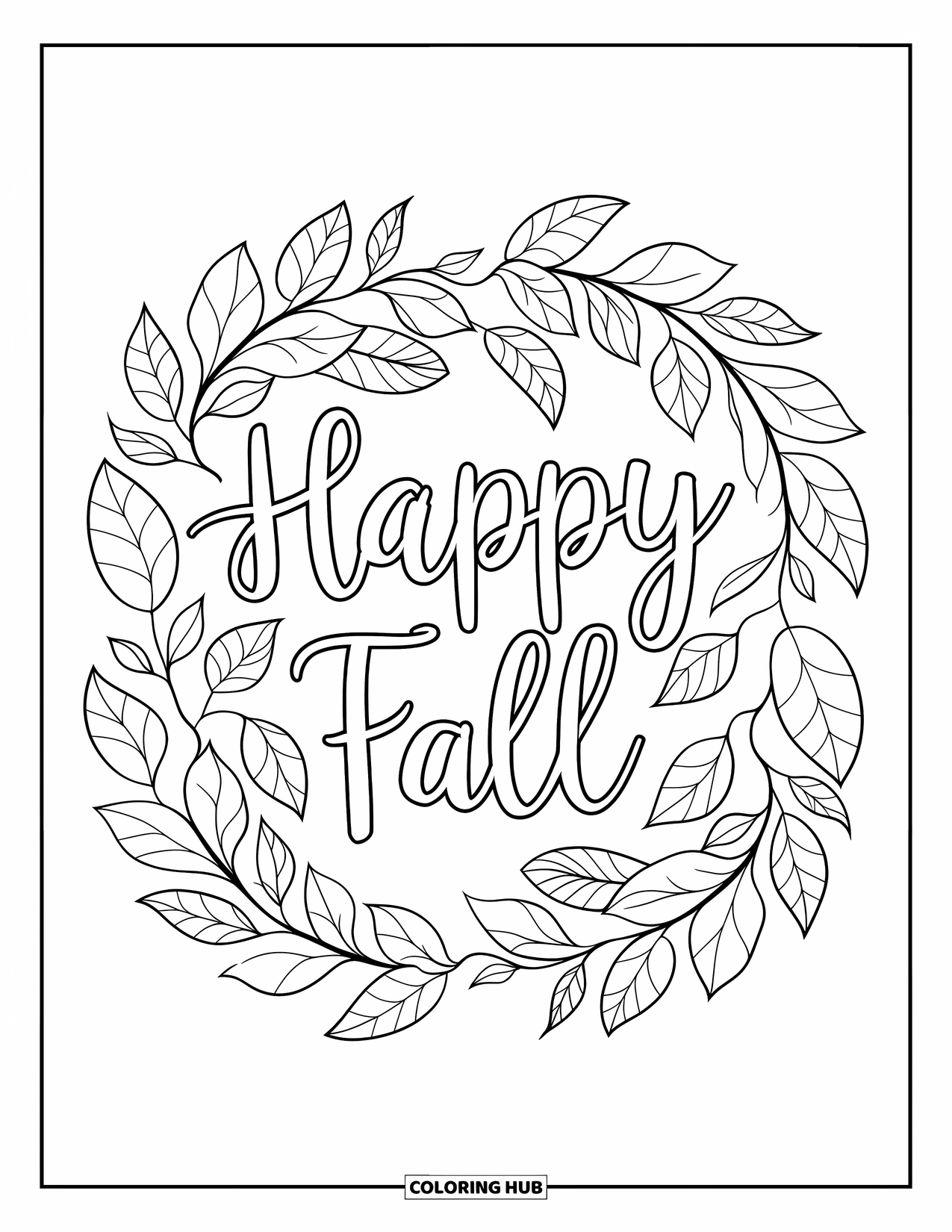 Happy Fall Coloring Page for Adults: Intricate leaves encircle a hand-lettered "Happy Fall" in a full-page fall design