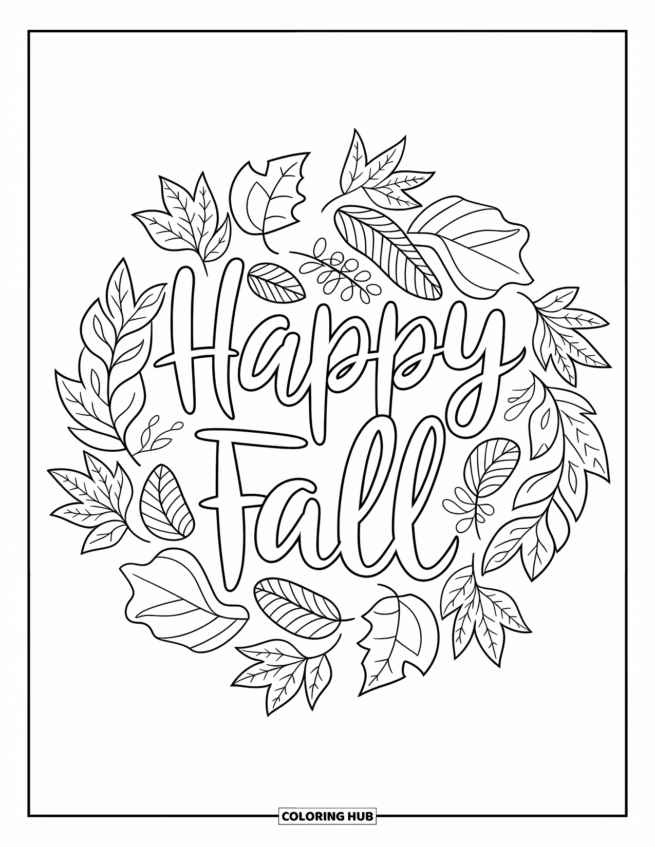Happy Fall Coloring Page for Adults: Leaves frame "Happy Fall" in a cozy, detailed botanical coloring design