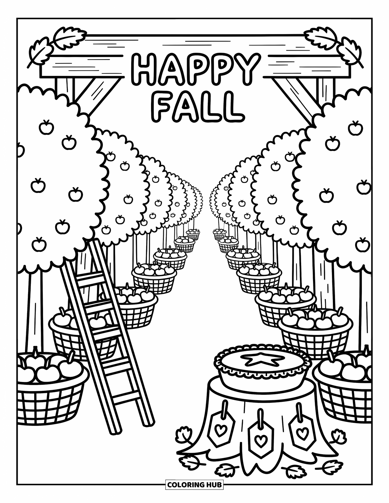 Happy Fall Coloring Page for Adults: Rows of apple trees with baskets, a ladder, and a pie box greet you with "Happy Fall"