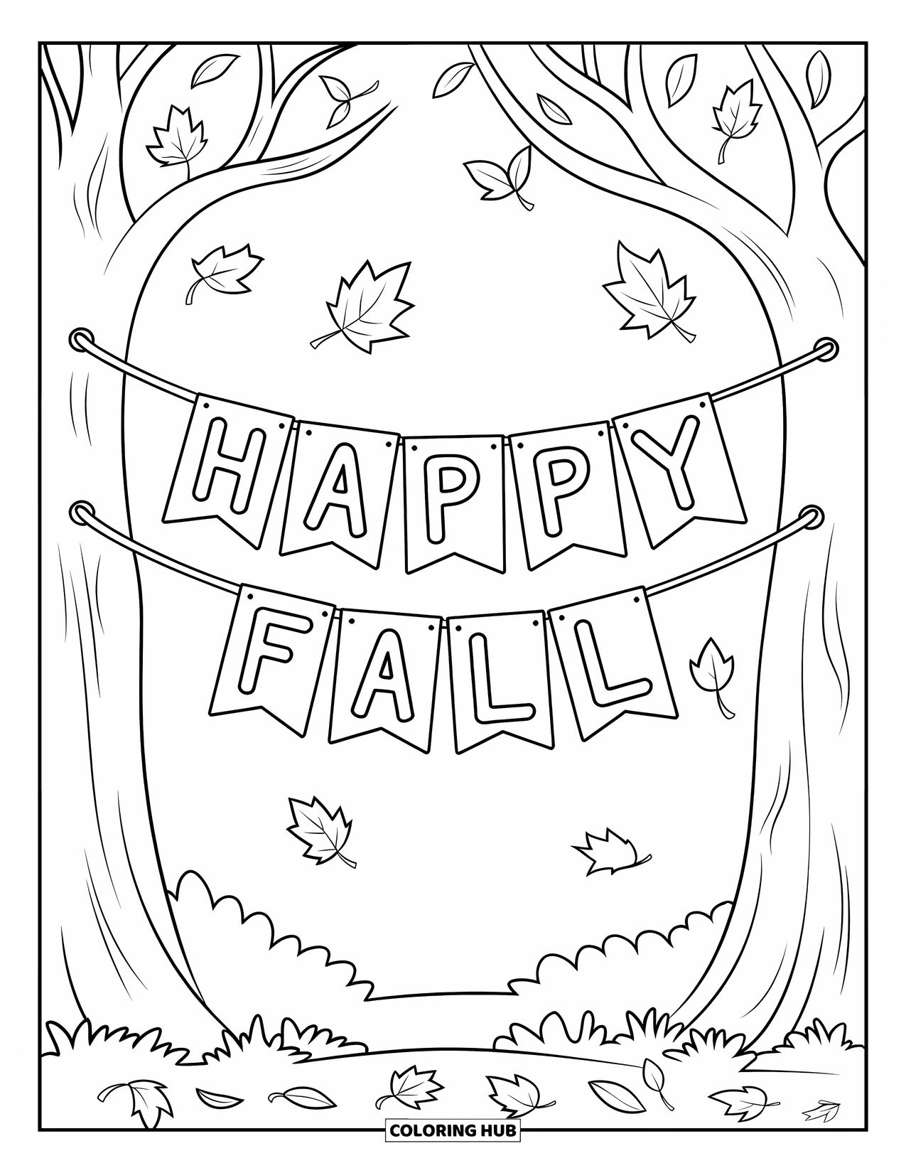 Happy Fall Coloring Page for Kids: A banner stretches between trees with fallen leaves and a forest in the distance