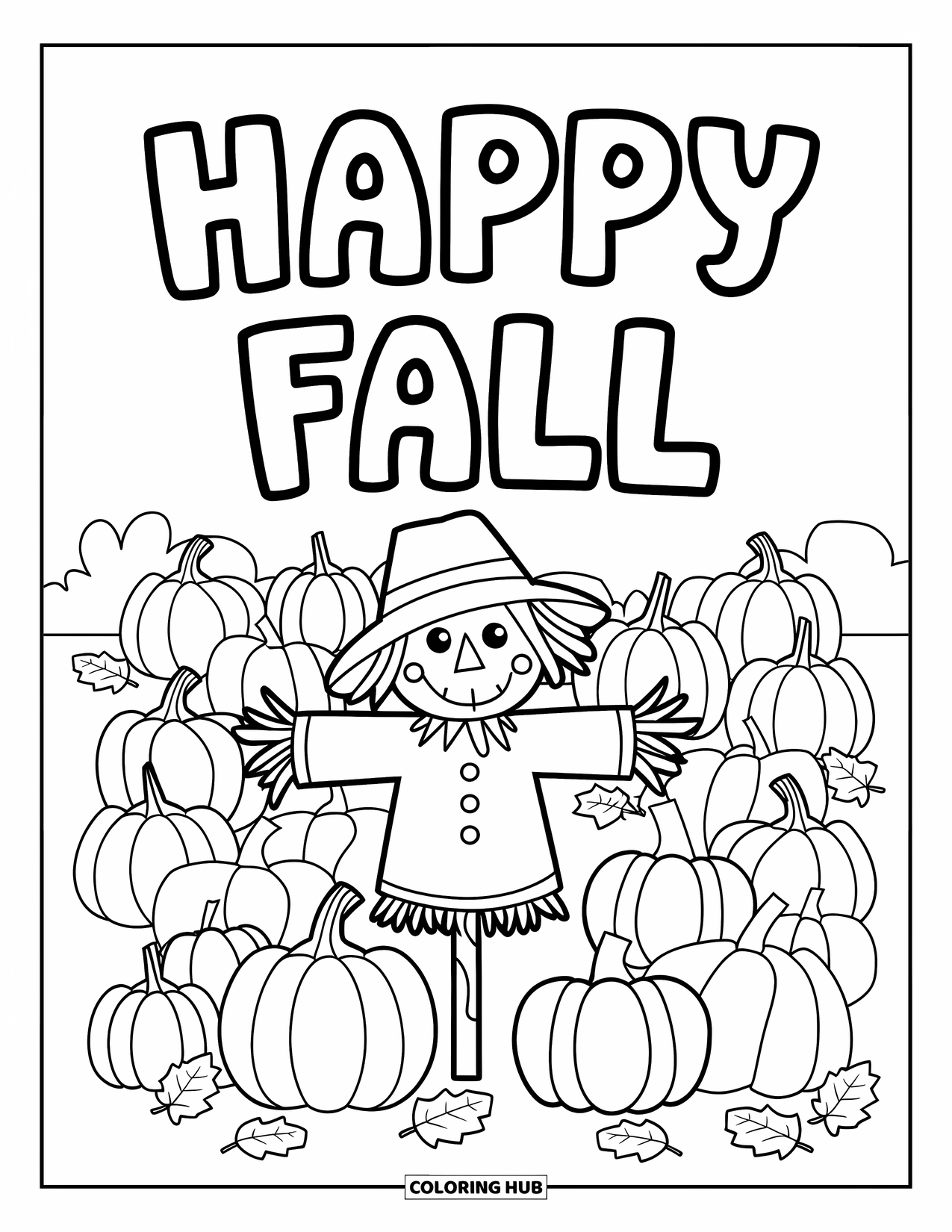 Happy Fall Coloring Page for Kids: A cheerful scarecrow smiles in a pumpkin patch beneath "Happy Fall" lettering