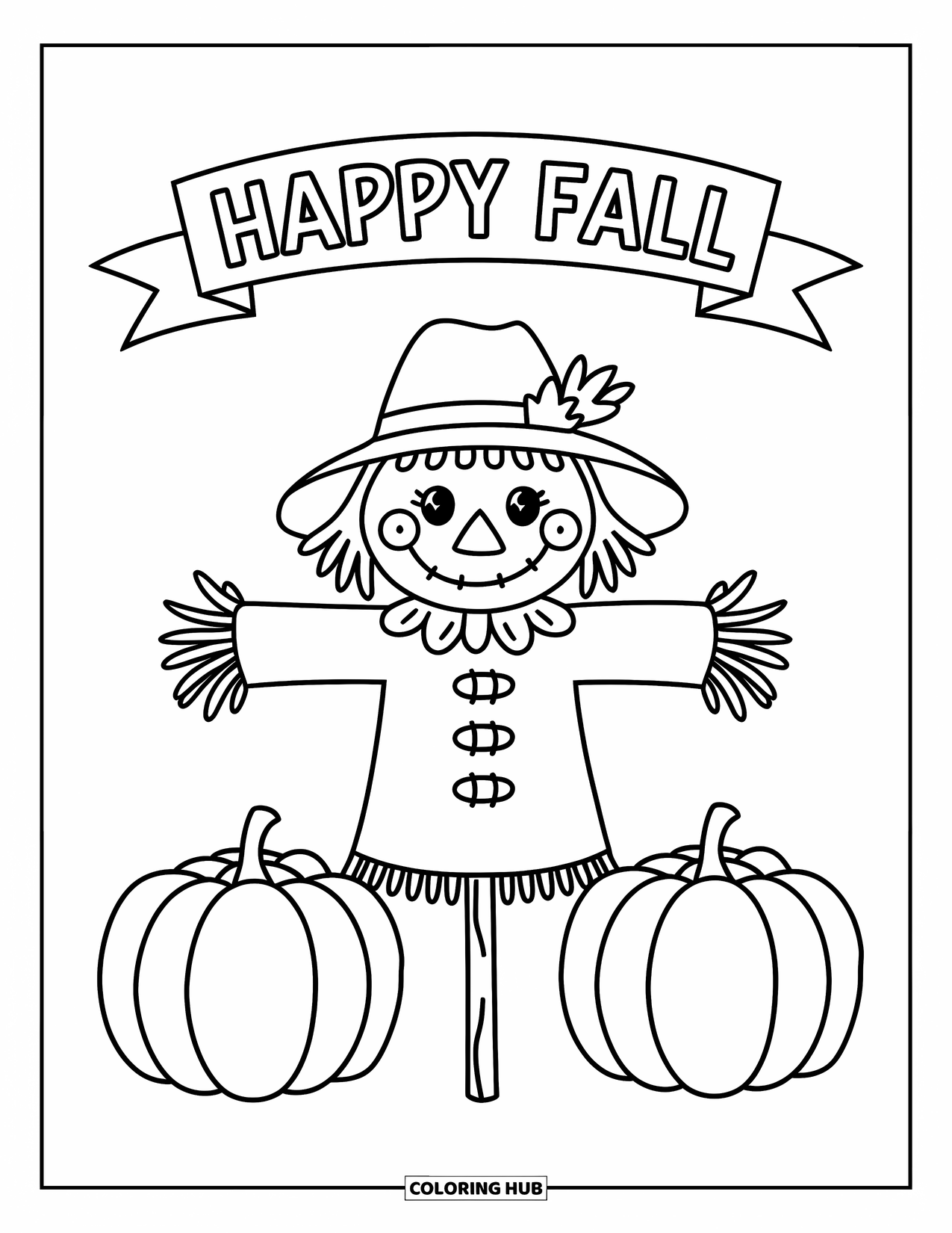 Happy Fall Coloring Page for Kids: A cheerful scarecrow stands between two pumpkins beneath a big "Happy Fall" banner