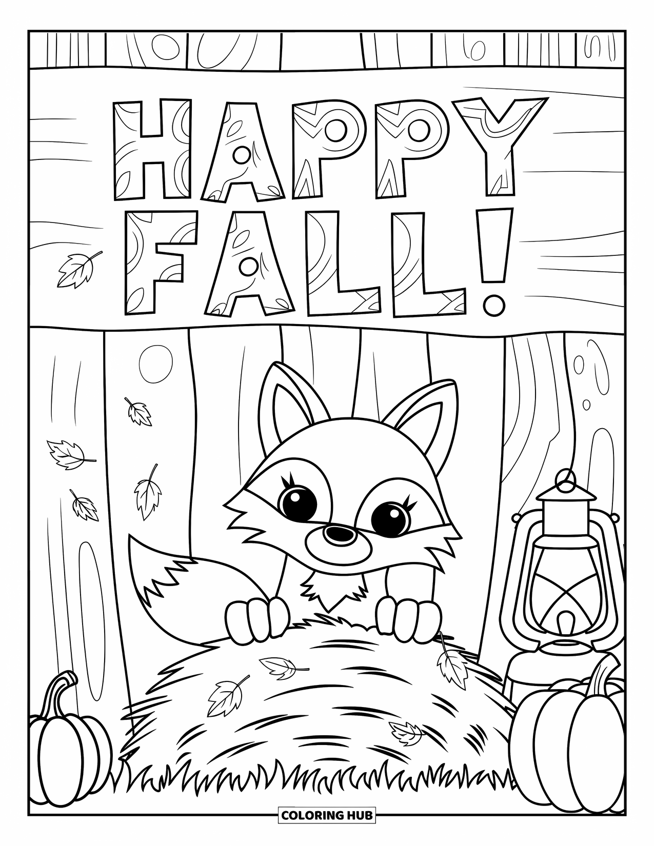 Happy Fall Coloring Page for Kids: A cozy fox hides in hay with pumpkins and a wooden "Happy Fall" sign