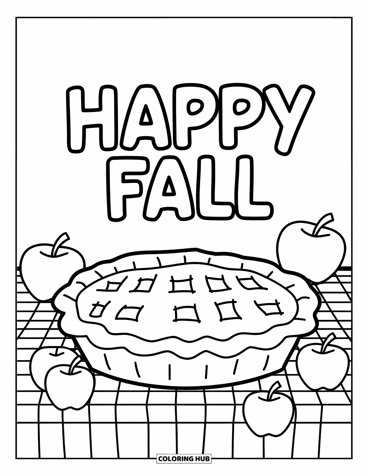 Happy Fall Coloring Page for Kids: A cozy table with pie and apples welcomes the season with "Happy Fall"