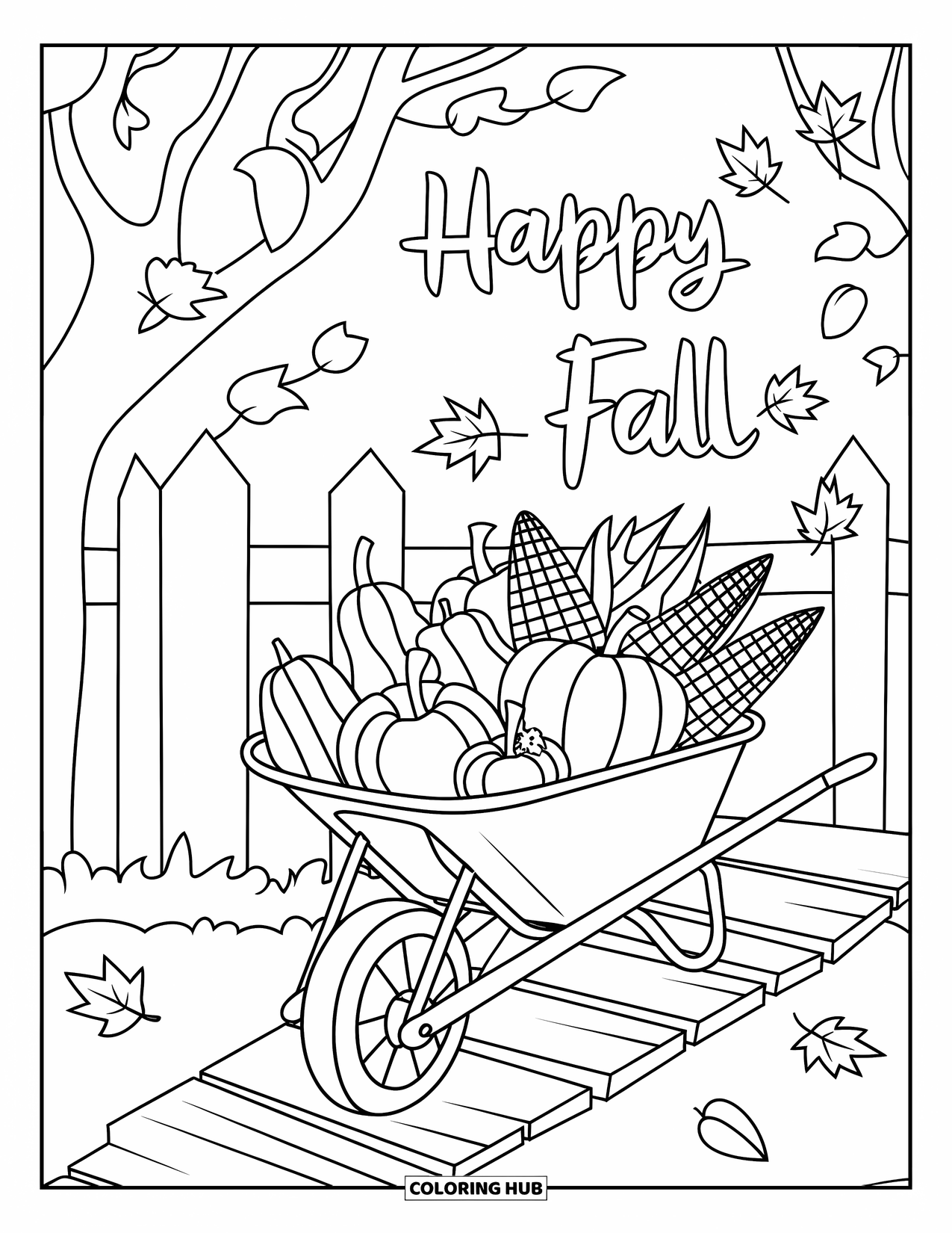 Happy Fall Coloring Page for Kids: A cozy wheelbarrow of autumn produce rests under trees with a "Happy Fall" greeting
