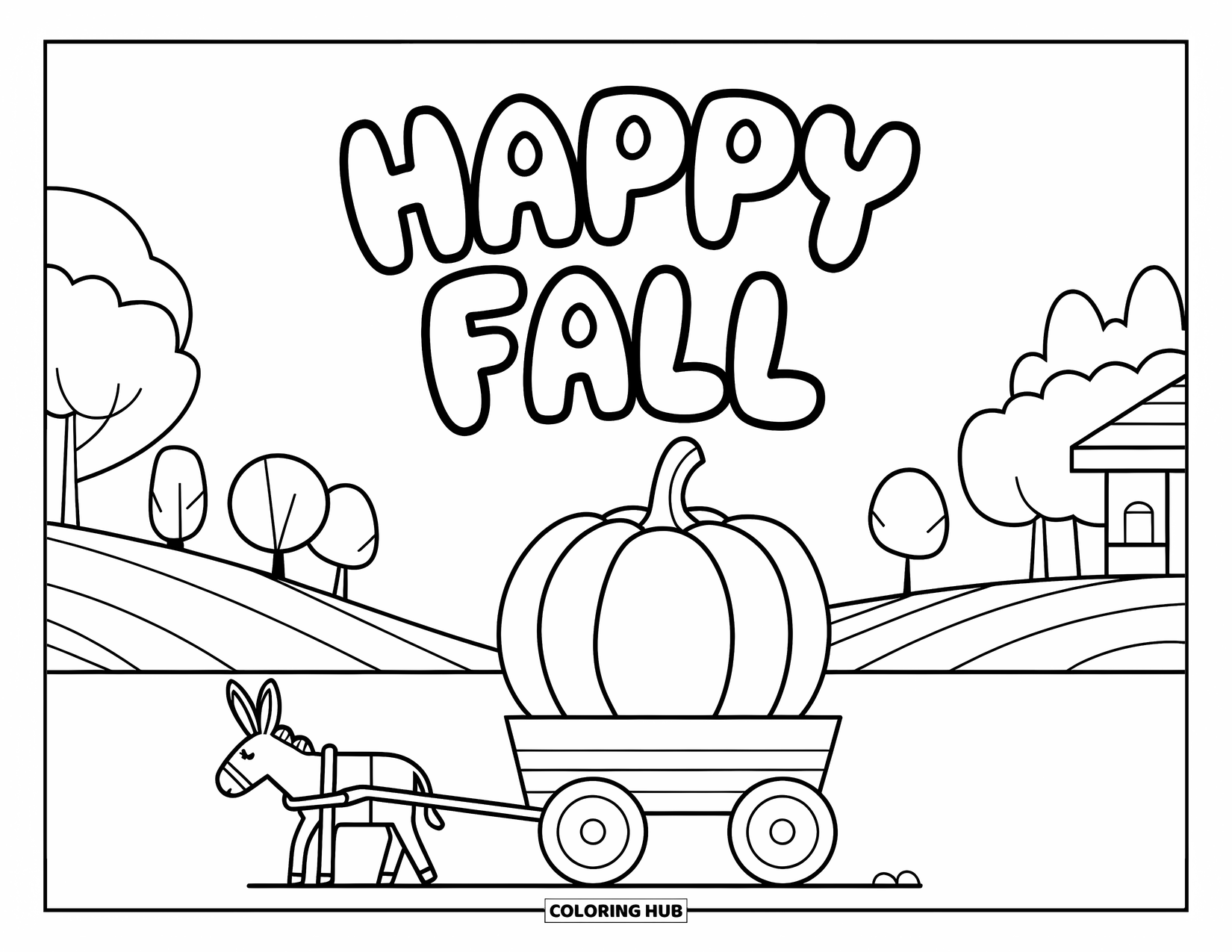 Happy Fall Coloring Page for Kids: A donkey pulls a wagon with a big pumpkin and a "Happy Fall" banner