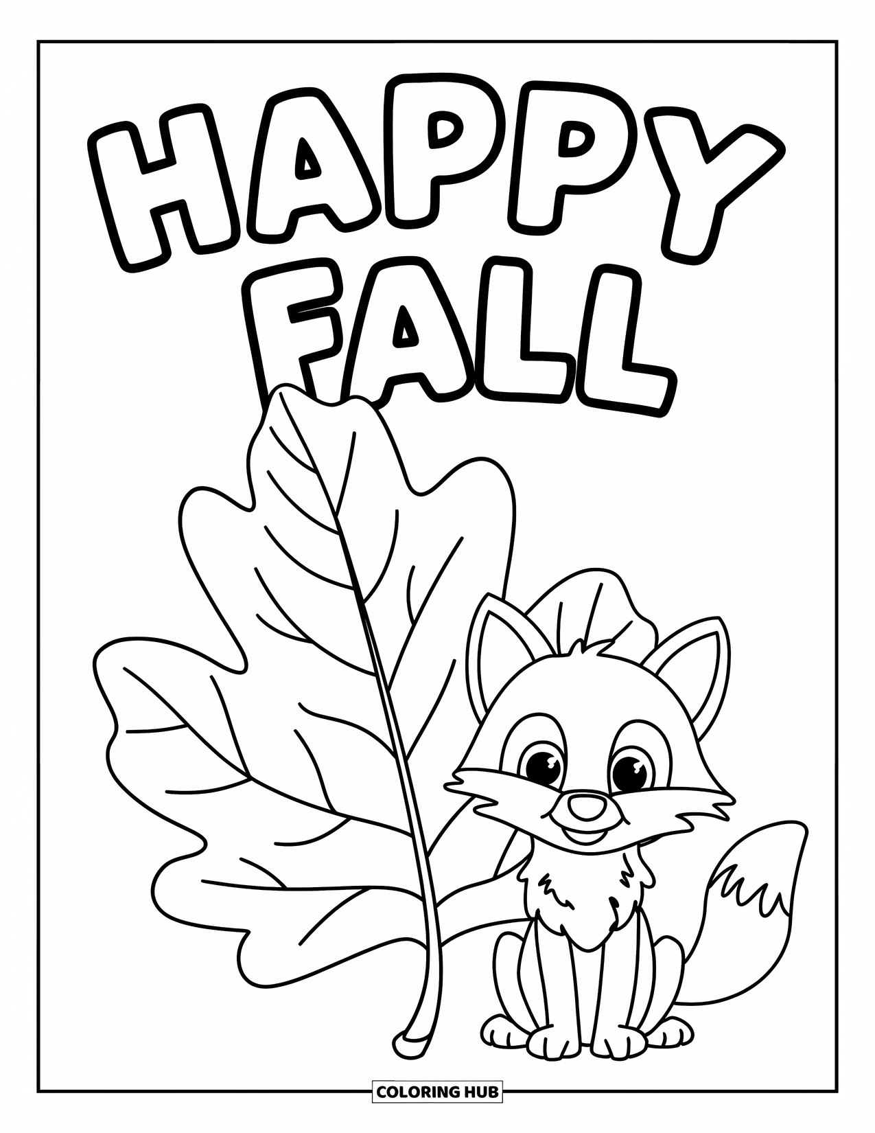 Happy Fall Coloring Page for Kids: A friendly fox relaxes under a large oak leaf and "Happy Fall" lettering