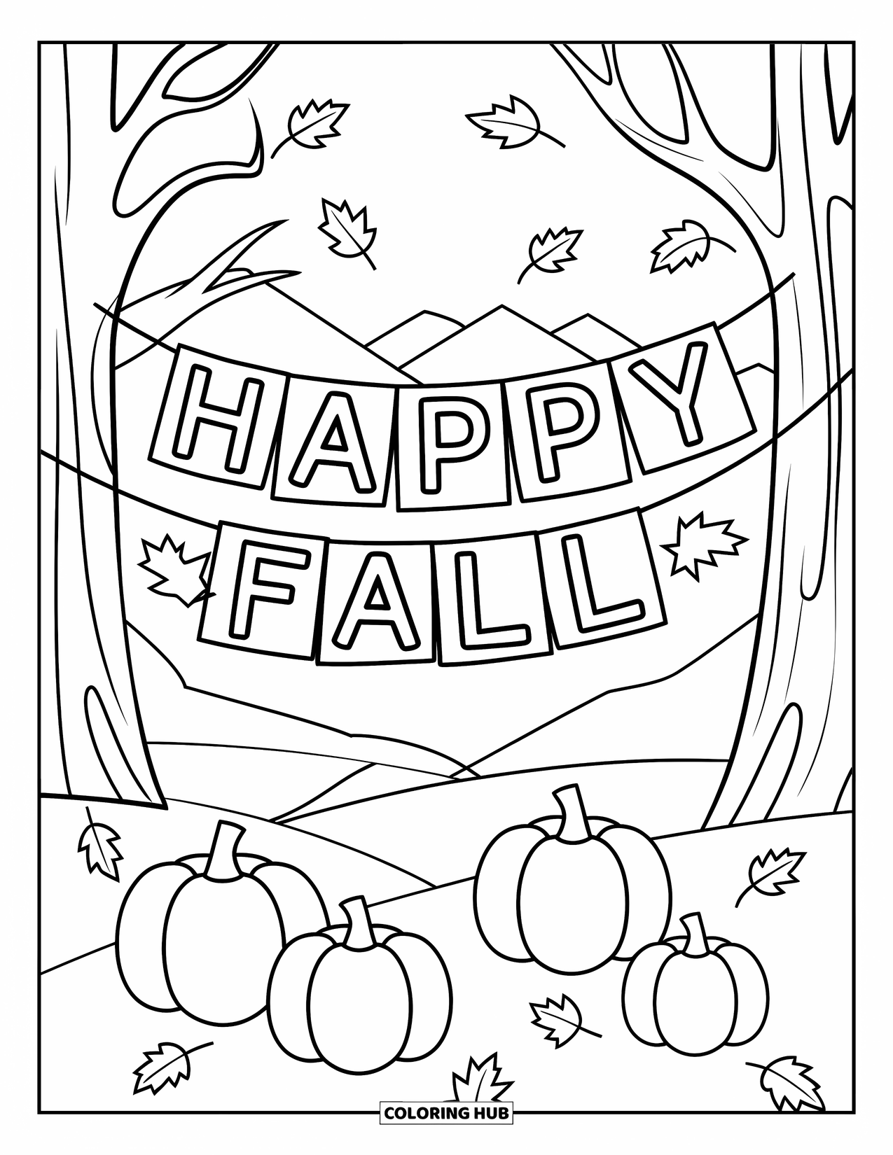 Happy Fall Coloring Page for Kids: A "Happy Fall" banner hangs between trees with pumpkins and a peaceful mountain view