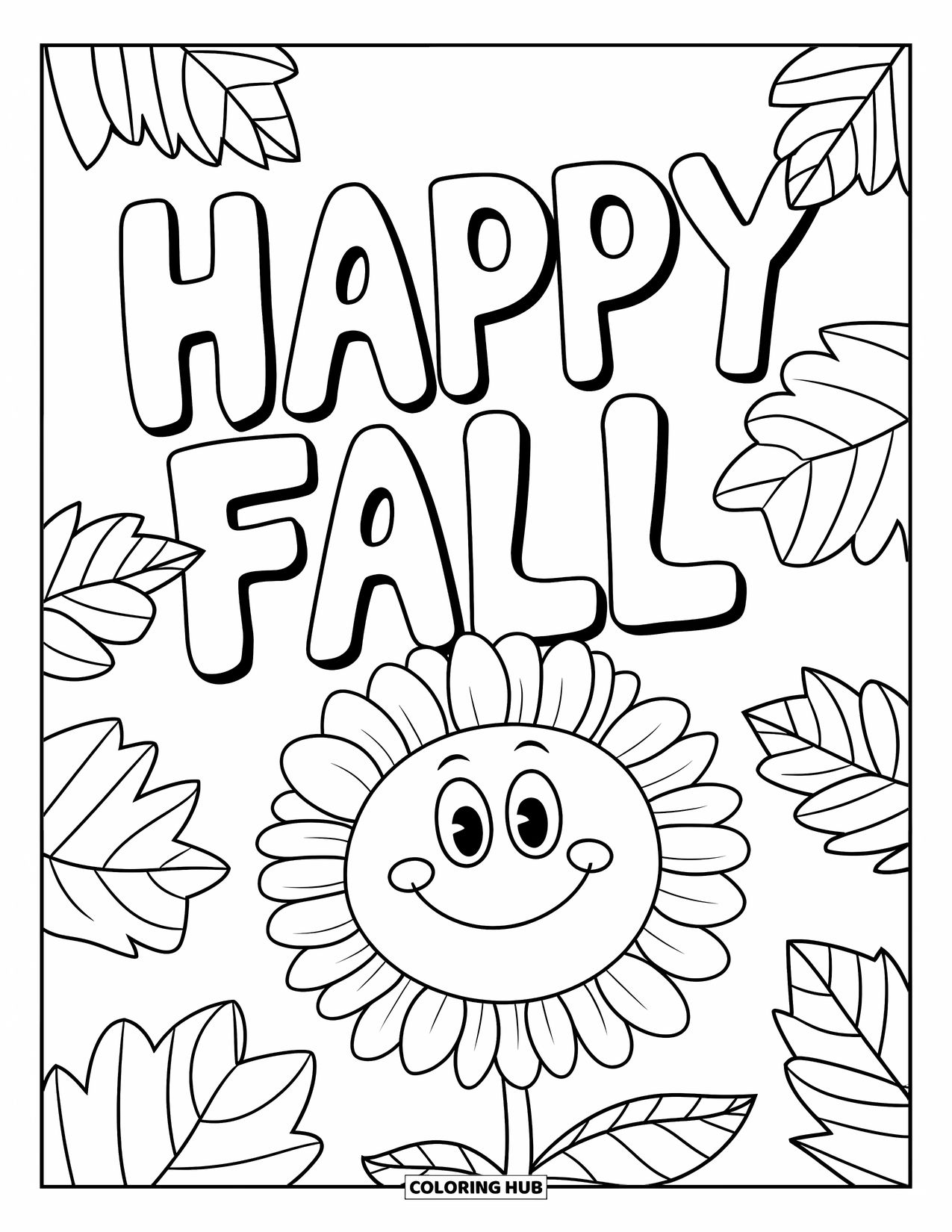 Happy Fall Coloring Page for Kids: A happy sunflower smiles under bold leaves and a "Happy Fall" greeting