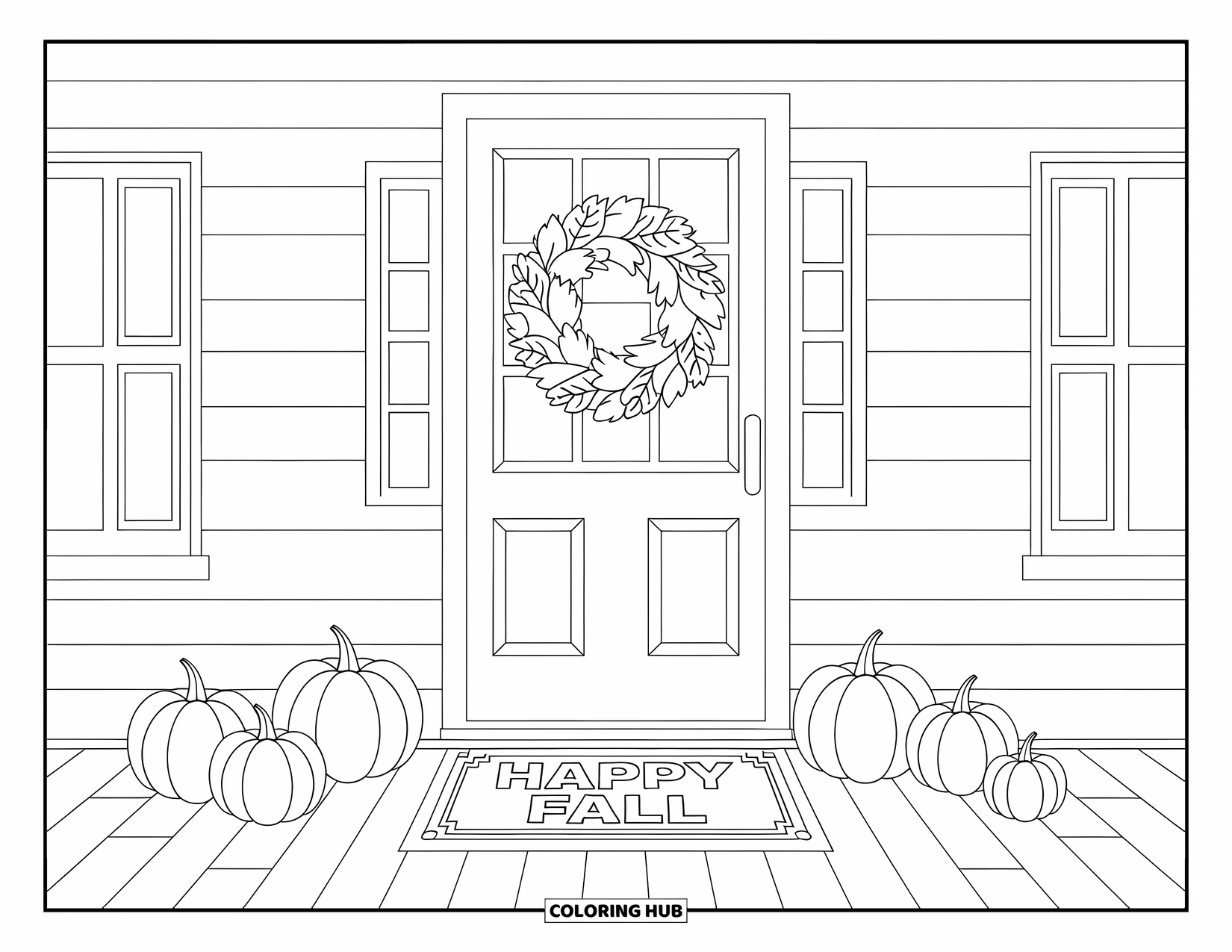 Happy Fall Coloring Page for Kids: A house porch features pumpkins, a wreath, and a welcoming "Happy Fall" mat