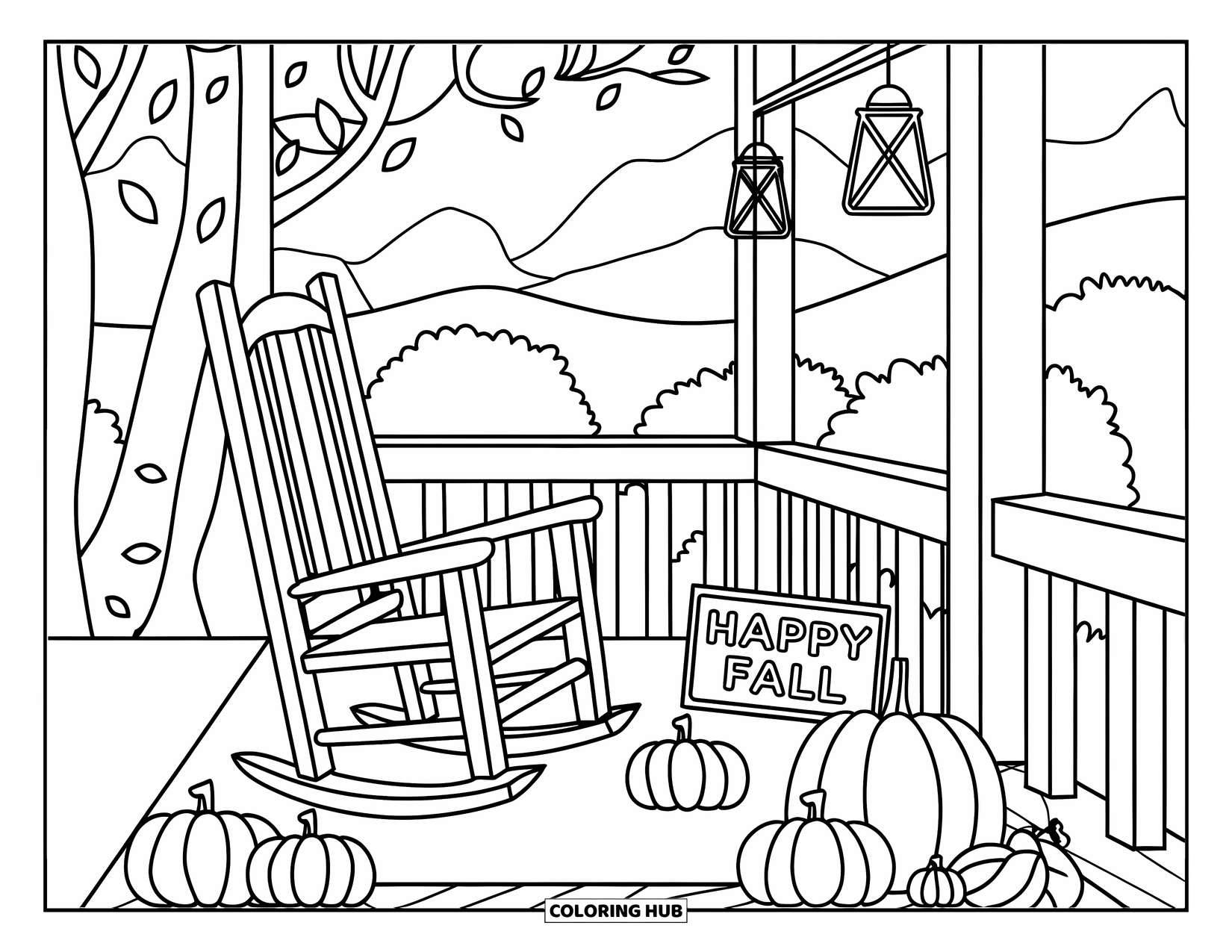 Happy Fall Coloring Page for Kids: A peaceful porch with a "Happy Fall" sign, pumpkins, and a gentle autumn view