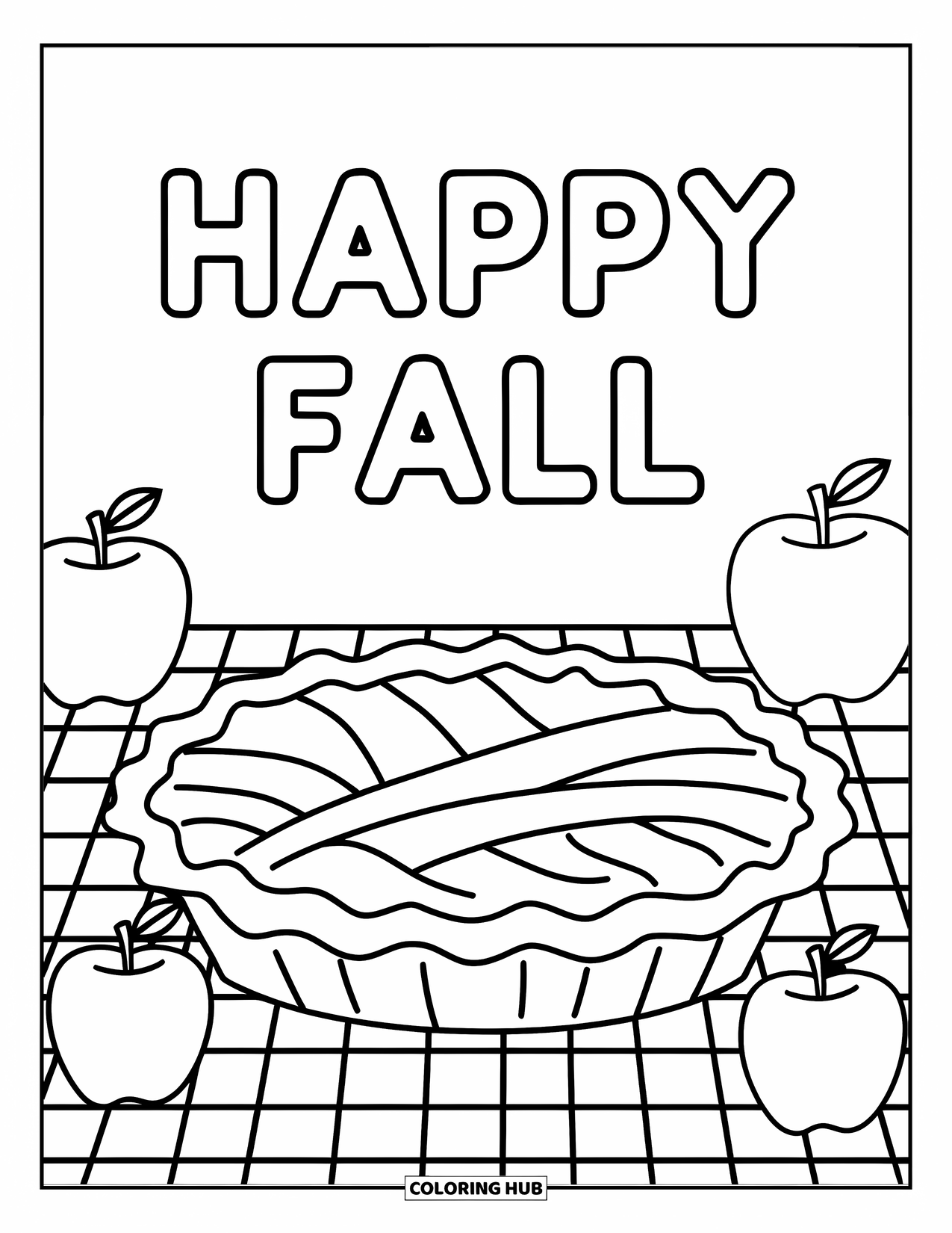 Happy Fall Coloring Page for Kids: A pie and apples rest on a checkered table beneath a "Happy Fall" sign
